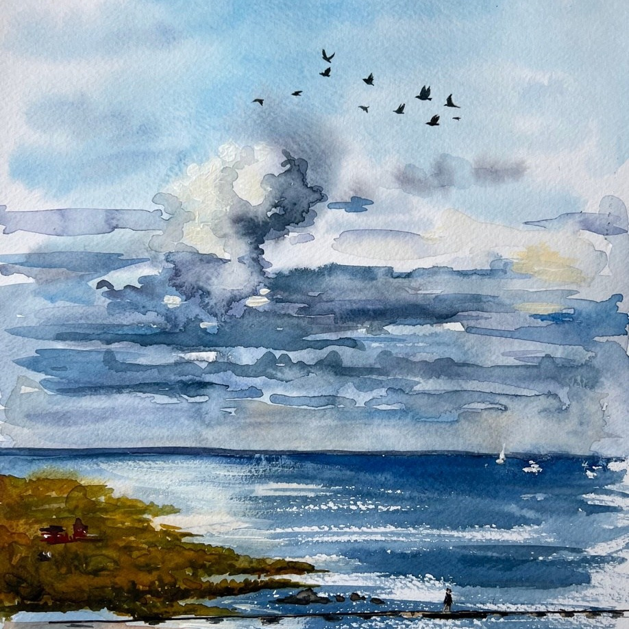 Havsmotiv i akvarellmålning. Eugenia Arinstein — konstnär som skapar handgjord måleri och illustration med känsla, färg och närvaro. Verksam i Nynäshamn