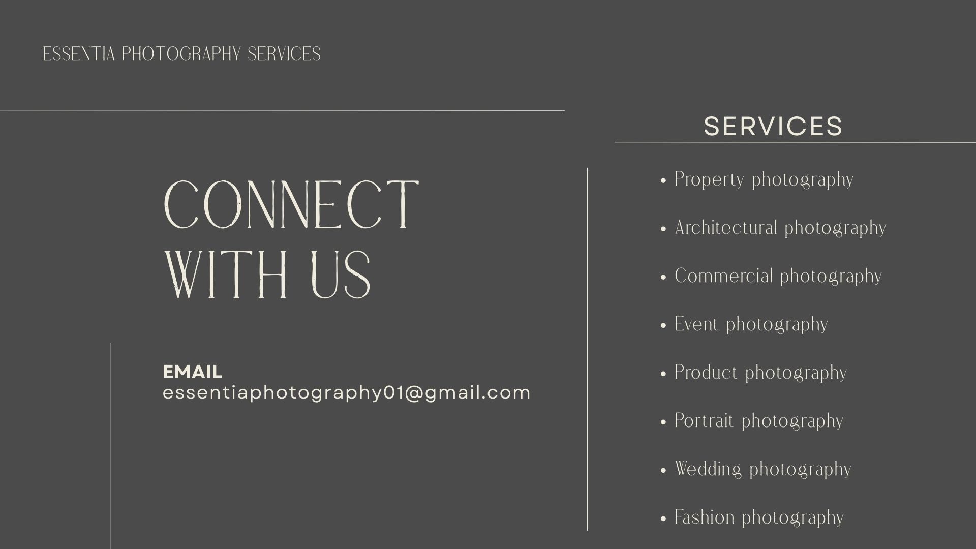 Contact. Essentia Photography Services — Professional Photographer in London, United Kingdom