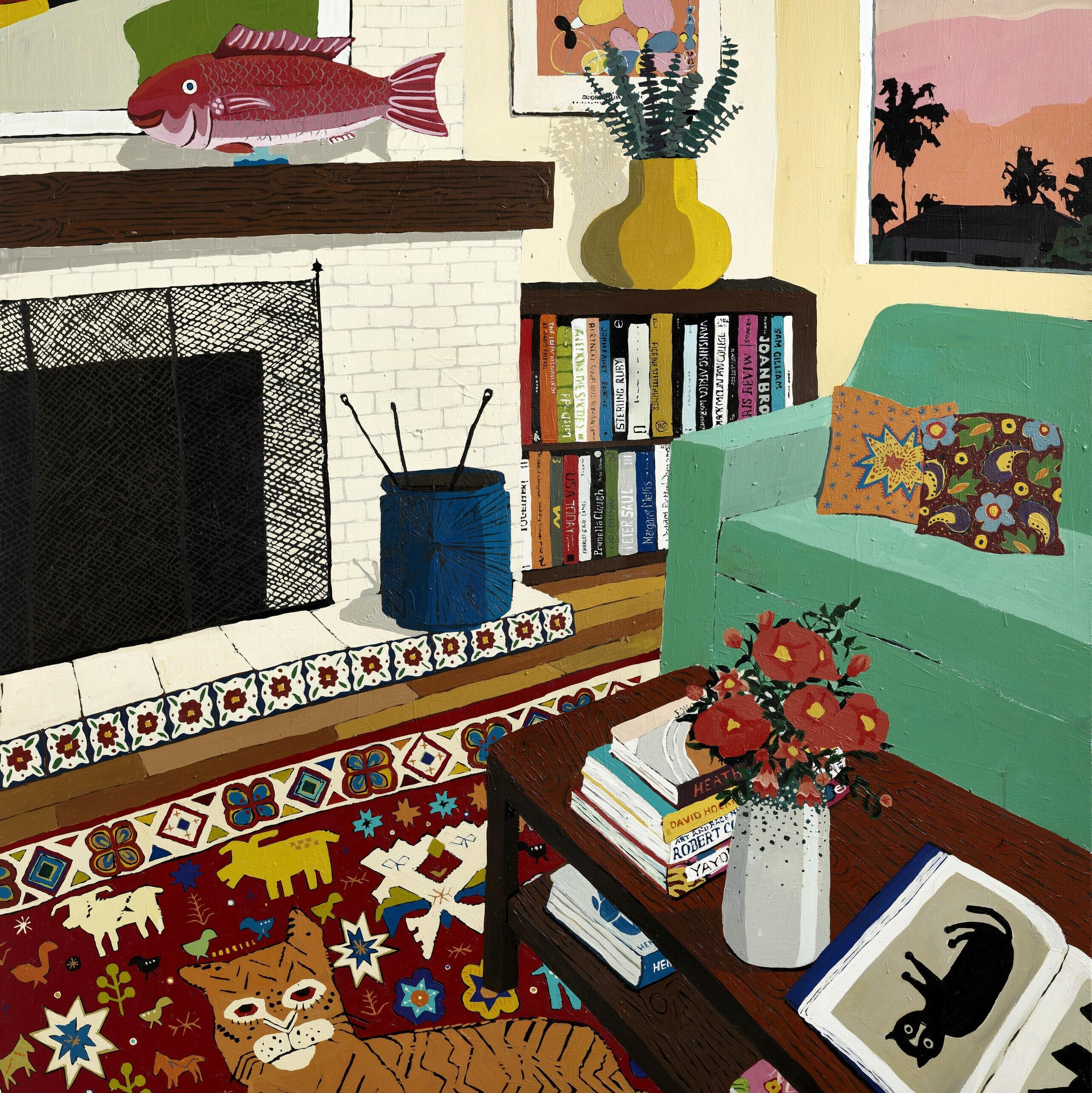 a painting titled "Interior With Cats and Fish" (2019) by American artist Hilary Pecis. 