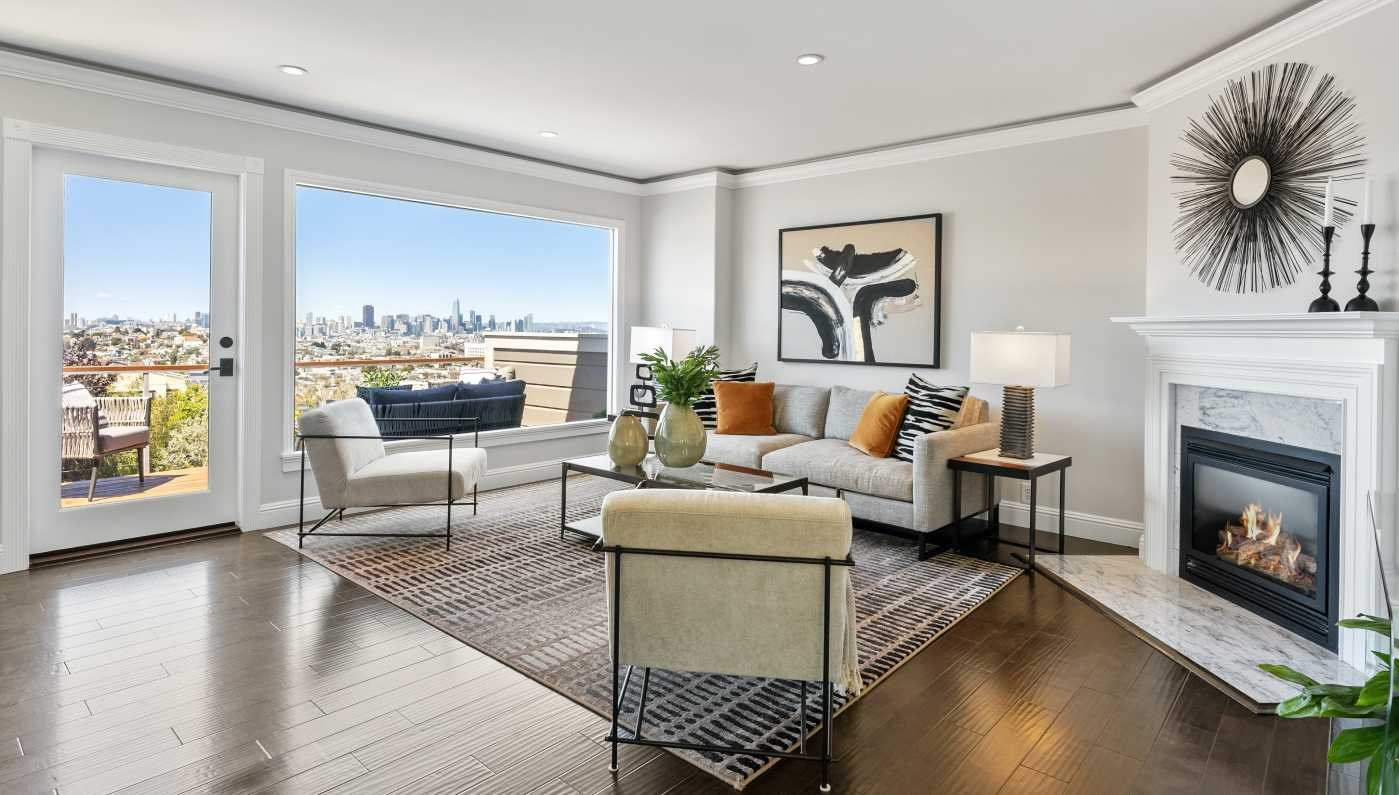 Commercial real estate photo for sale or rent: stylish room with modern furniture and beautiful view from the window