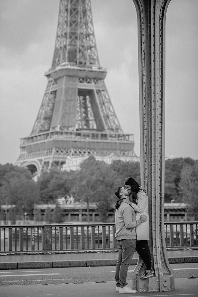 View of the Eiffel Tower from Pont de Bir-Hakeim for a photoshoot