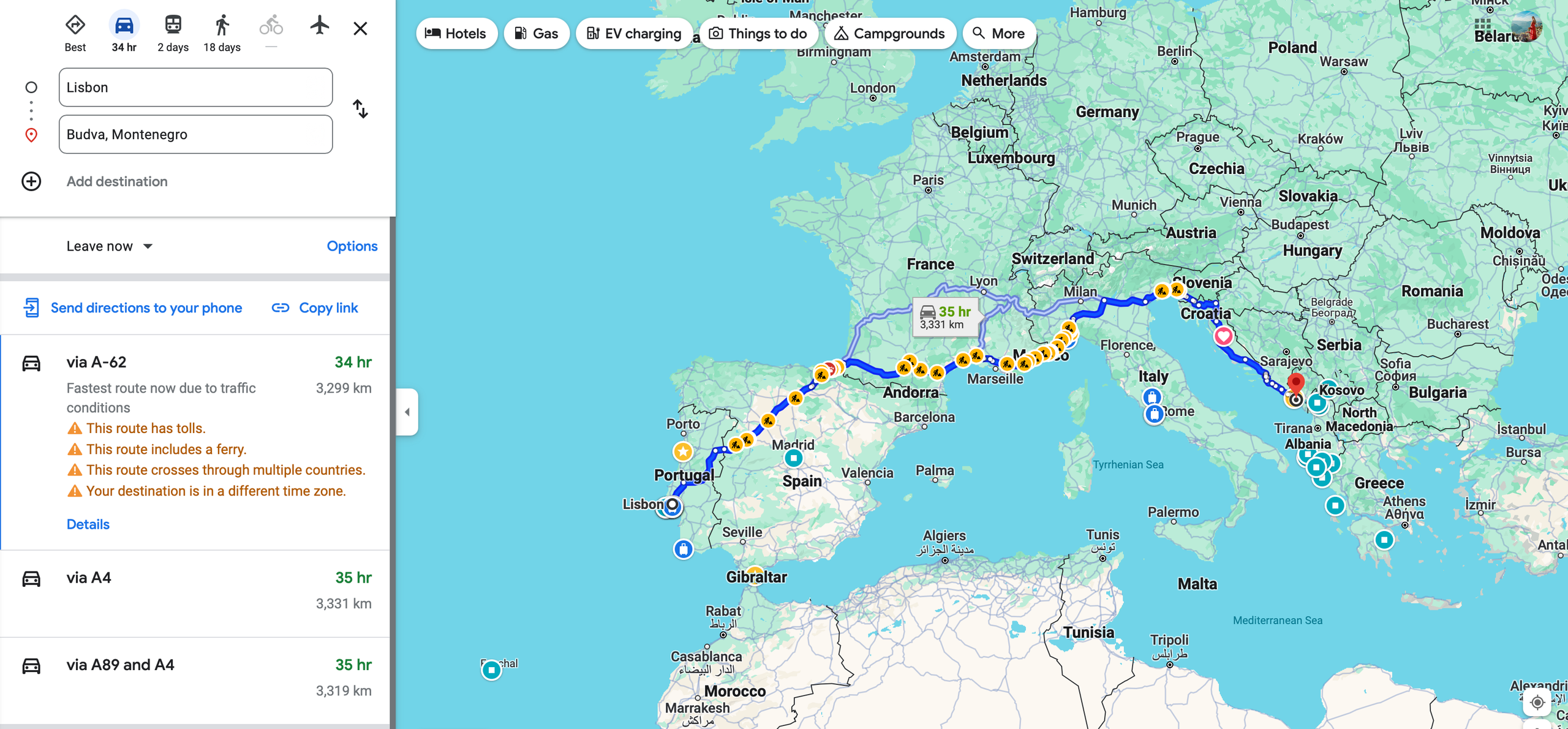 We rijden van Montenegro naar Portugal