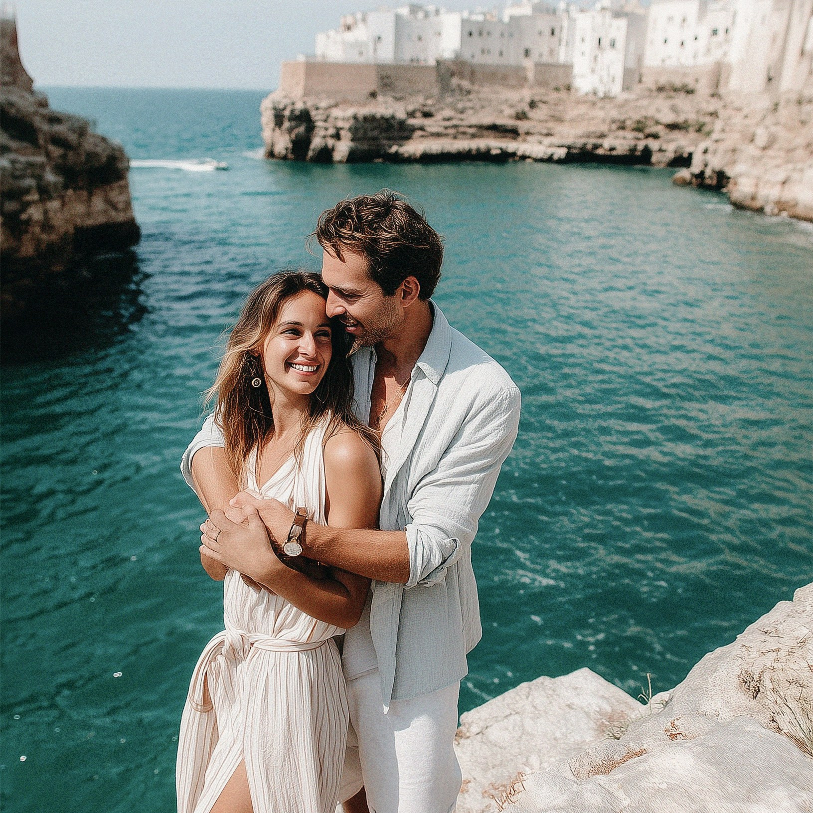 Coppia romantica sul mare a Polignano a Mare: un uomo abbraccia una donna mentre sorridono e guardano il mare dalla scogliera.