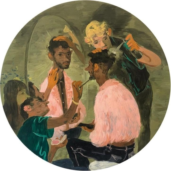 Barbershop Scene Round Painting — Salman Toor — contemporary figurative painting, men grooming, barbershop interior, circular composition Сцена в парикмахерской, мужчины ухаживают за внешностью. Современная фигуративная живопись, круглая композиция, психологическая сцена. 