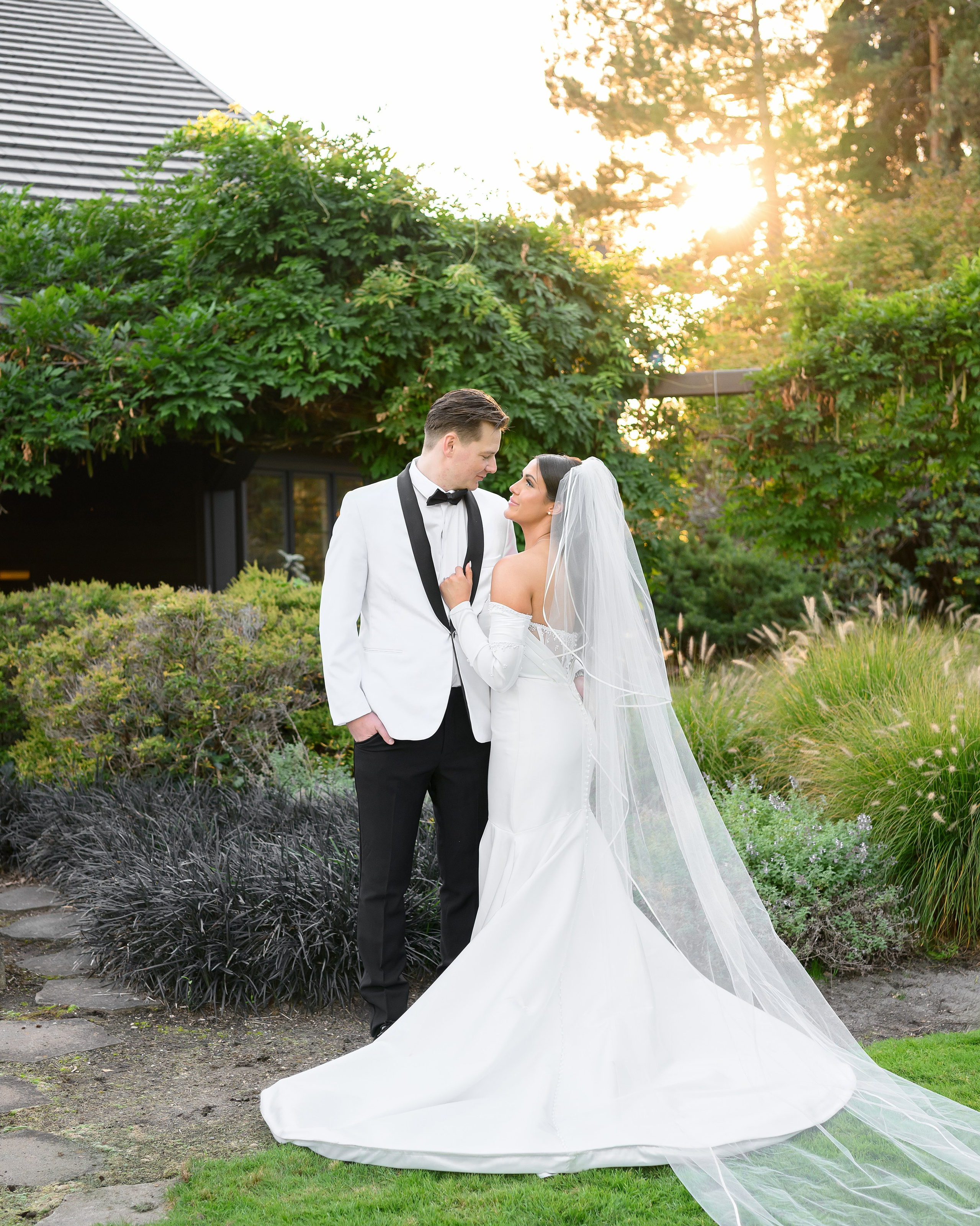 Bride and groom during golden hour wedding portraits