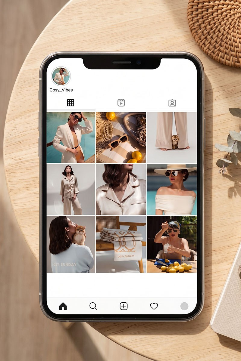 Instagram feed mockup showing cohesive visual identity for a premium fashion brand — example of grid aesthetics and content strategy for SMM management in Dubai