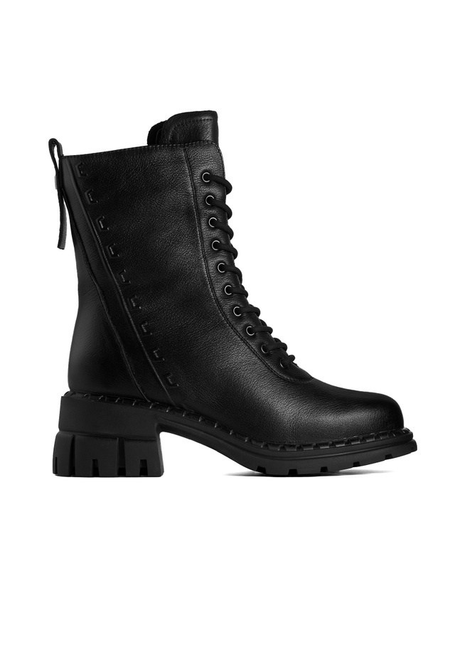Black leather lace-up ankle boot on white background, product shot for an online store