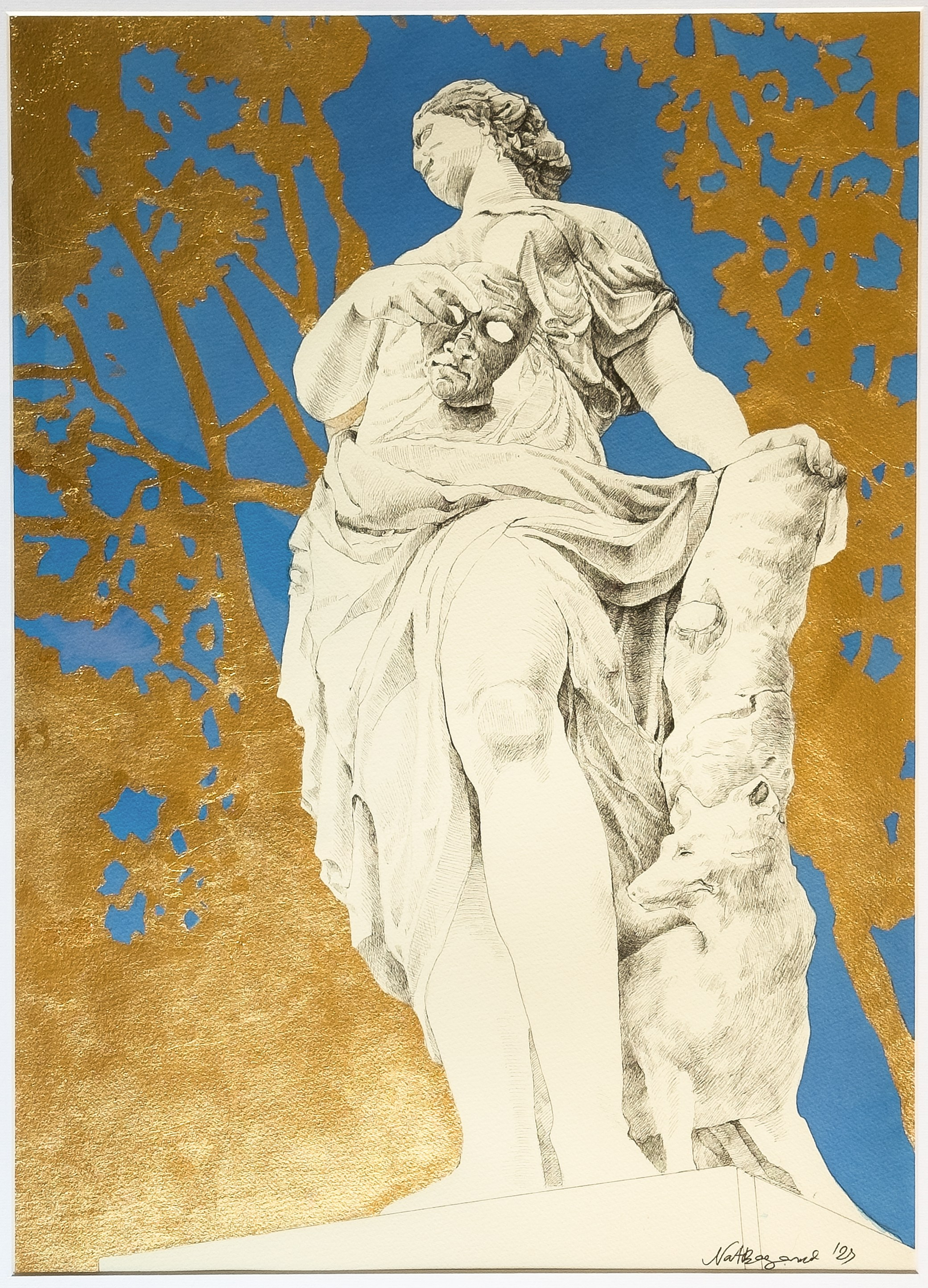 Obra de arte en venta: Técnica mixta de acuarela, tinta china y hoja de oro representando una estatua de Versalles