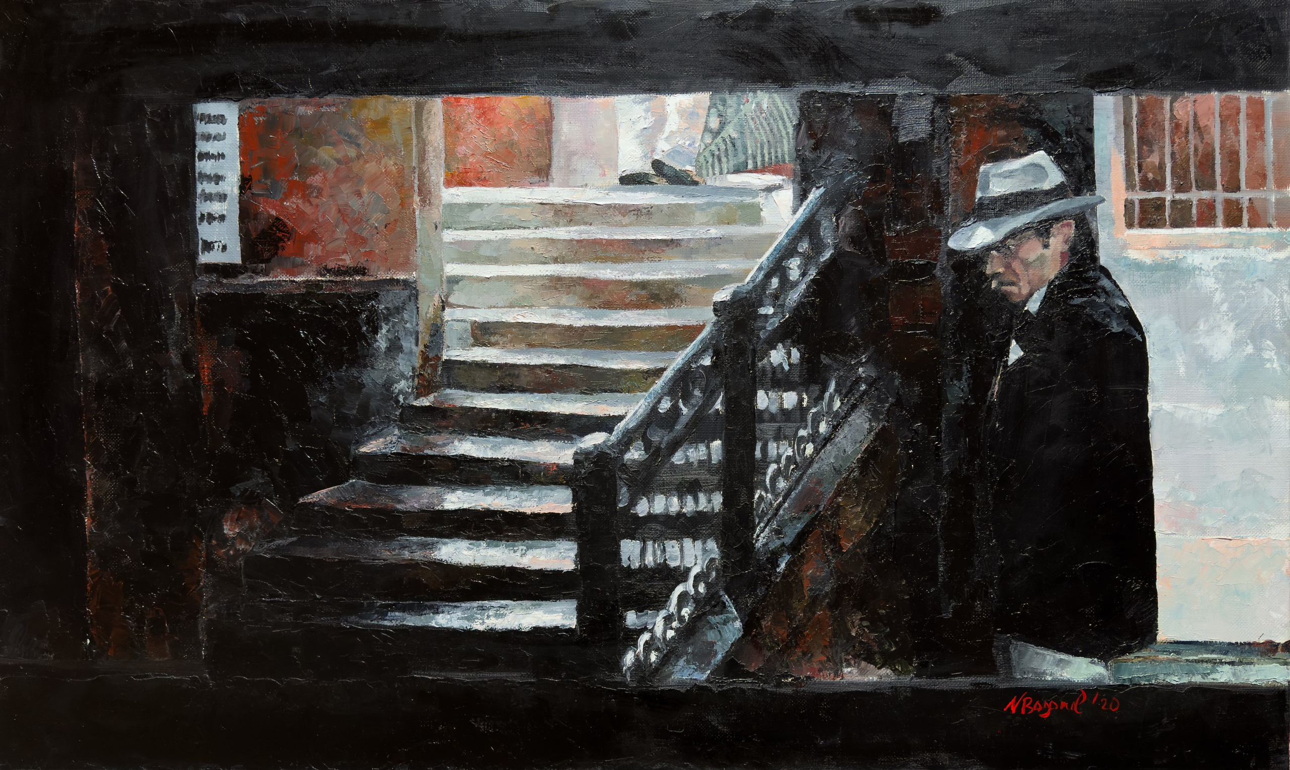 Oil painting on canvas, 110×60 cm, depicting a scene from Luchino Visconti’s film “Death in Venice” where the protagonist, Gustav von Aschenbach, secretly follows Tadzio through the streets of Venice. At this moment Aschenbach feels his vulnerability and shame intertwined with uncontrollable passion. The painting vividly conveys the emotional complexity of the character against the iconic image of Venice. This artwork is available for sale.