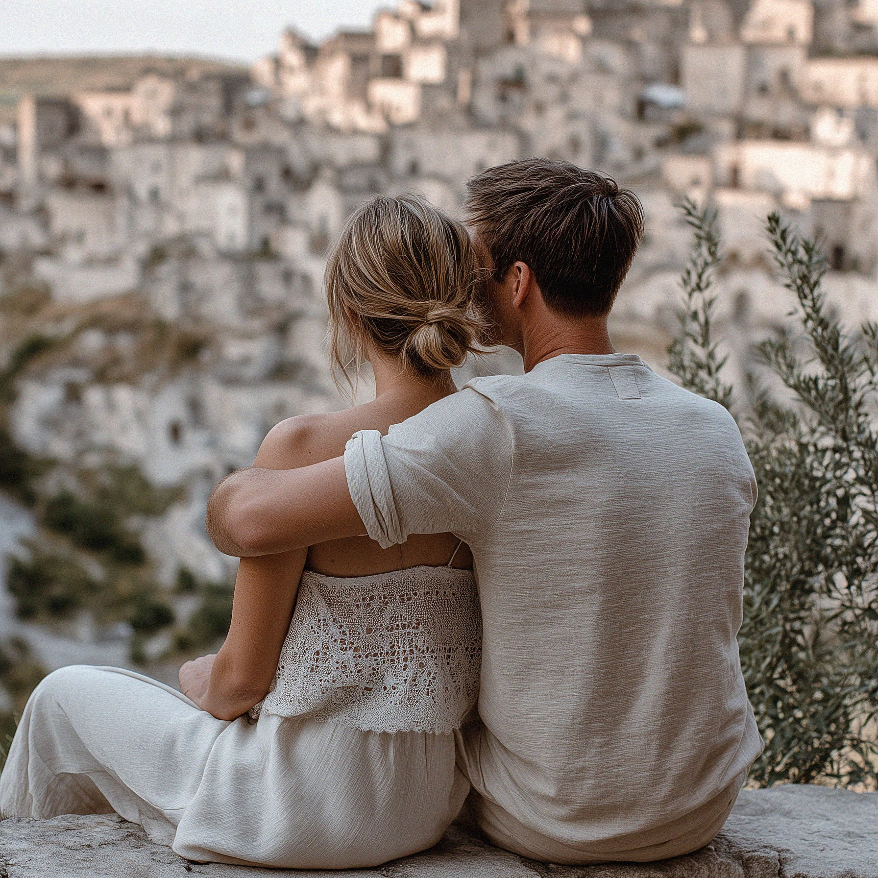 A couple sitting on a stone bench, embracing while gazing at the ancient townscape of Matera.