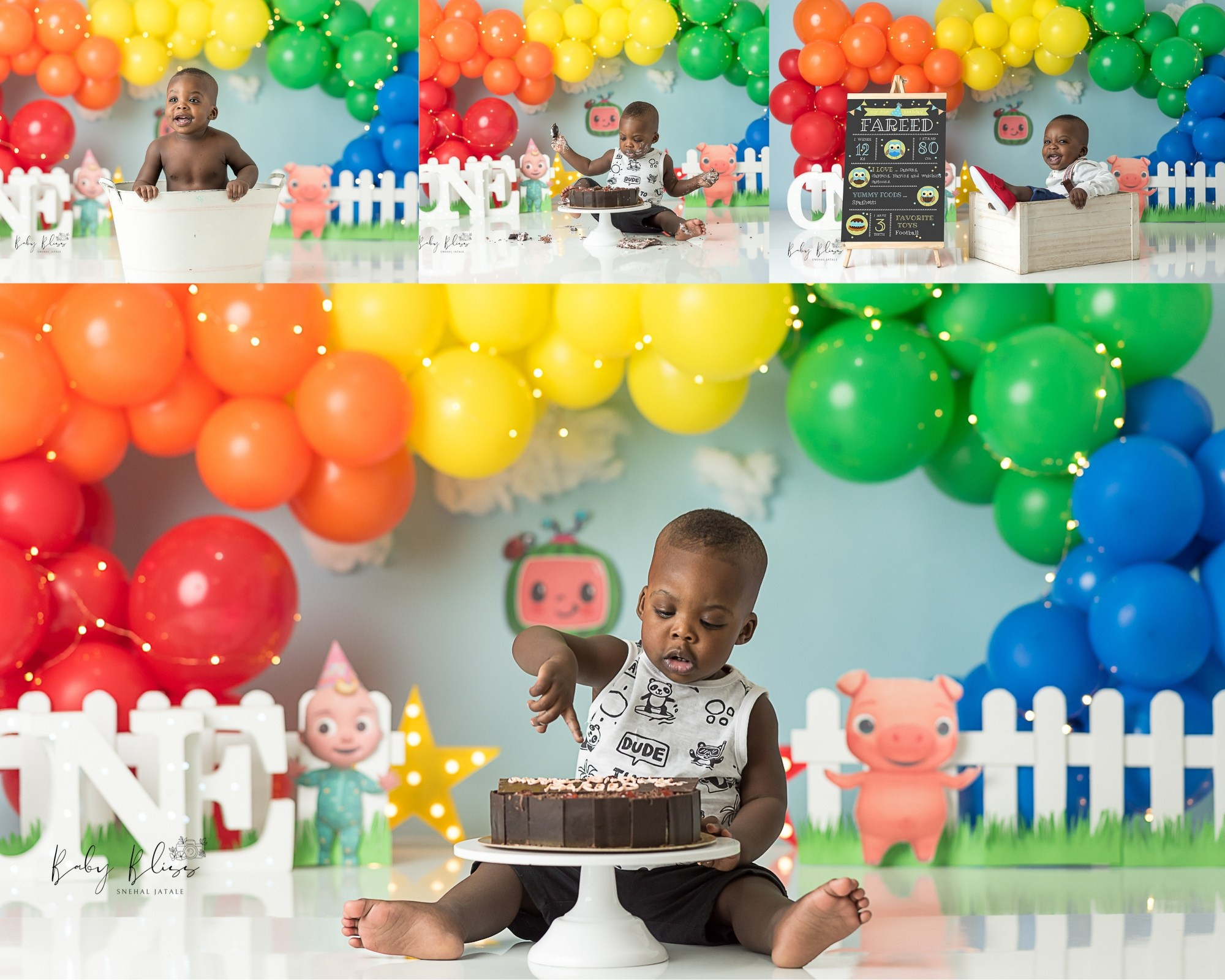 Cocomelon themed decor for cake smash photoshoot for baby boy with colourful balloon garland.