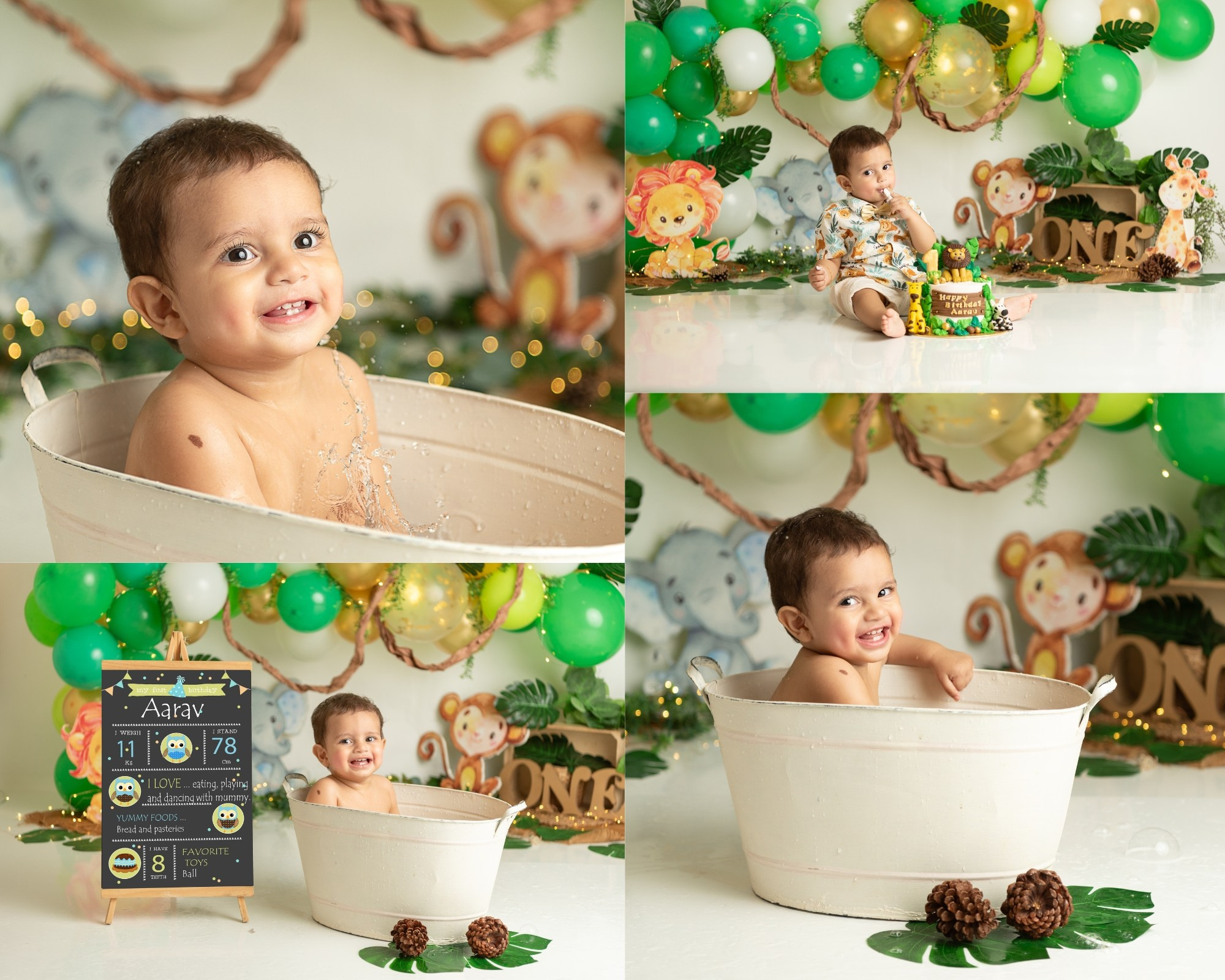 beautiful jungle themed cake smash and bubble bath phot shoot where baby is enjoying cake and bubble bath.