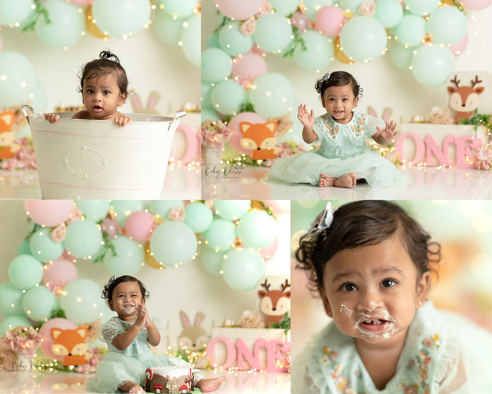mint green and light blue colour themed setup for little girl cake smash / pre birthday photo shoot.