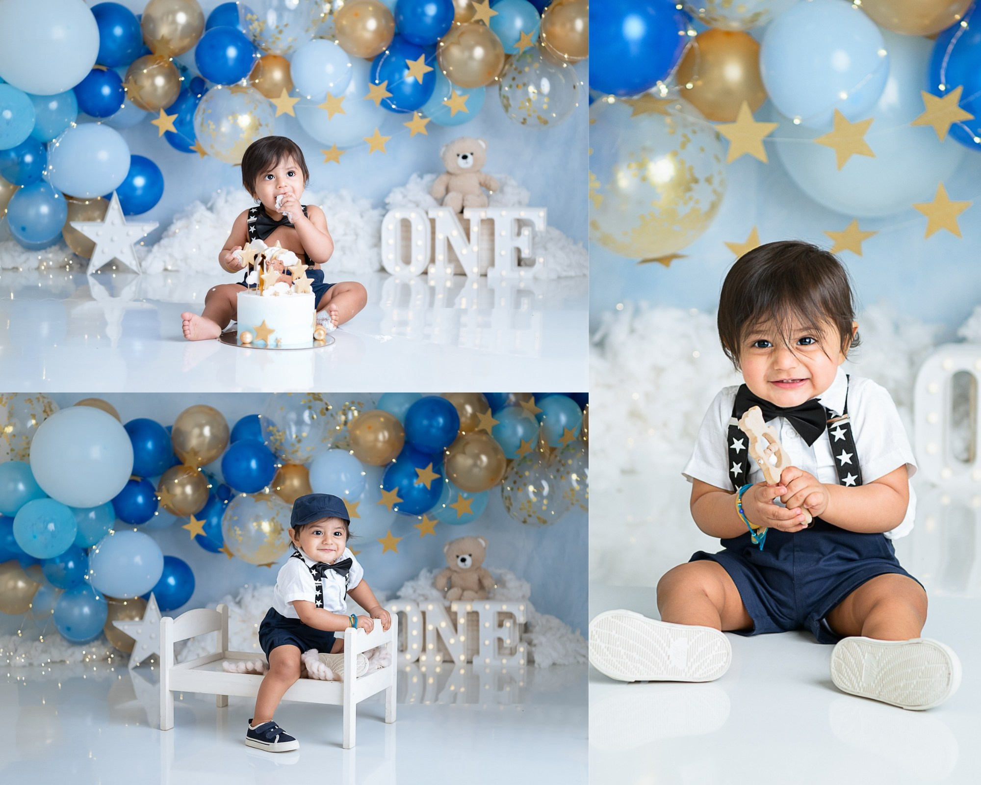 little baby eating cake with blue, golden balloon garland as a background setup for photography in Doha, Qatar.