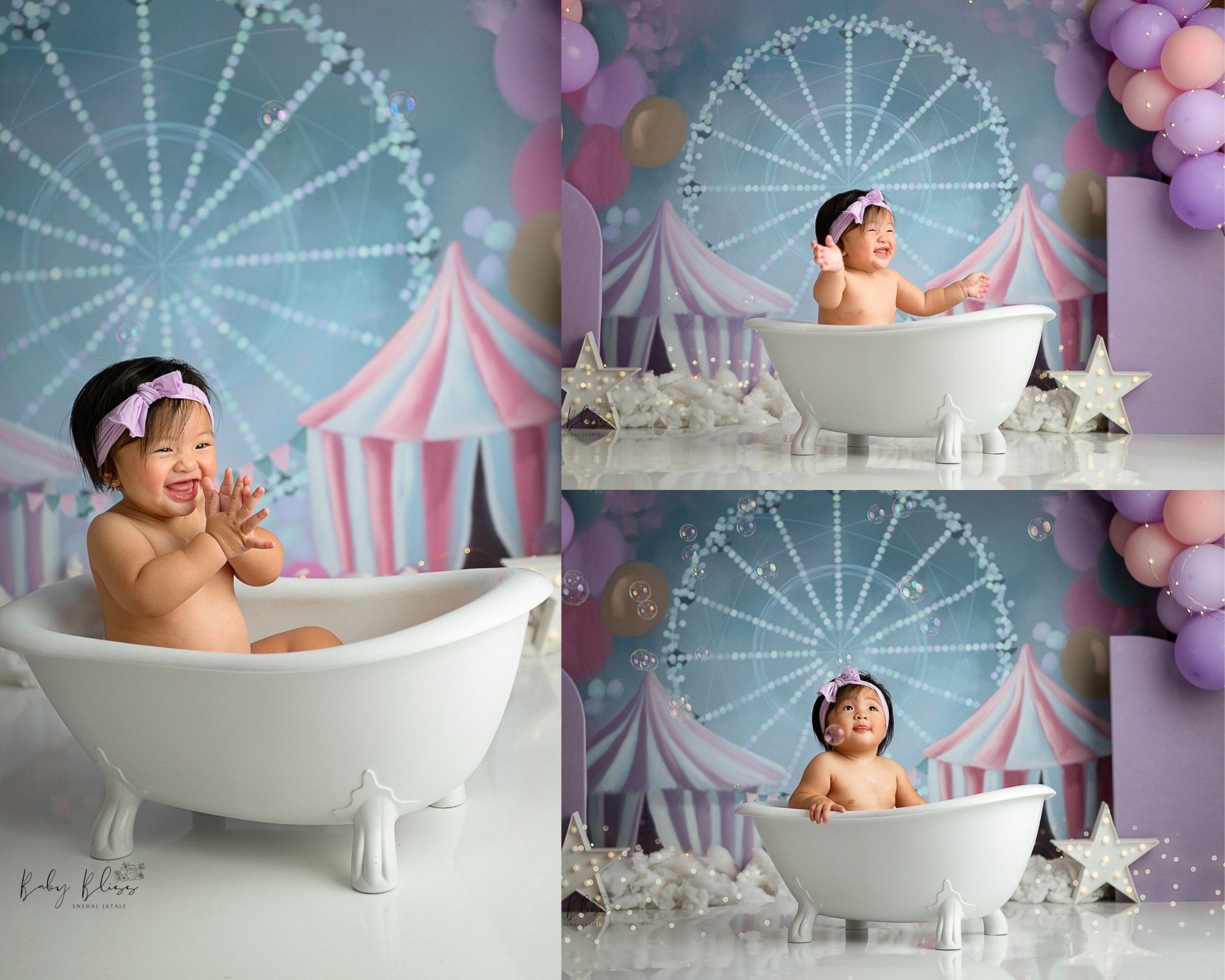 baby girl enjoying bubble bath after her cake smash photo shoot