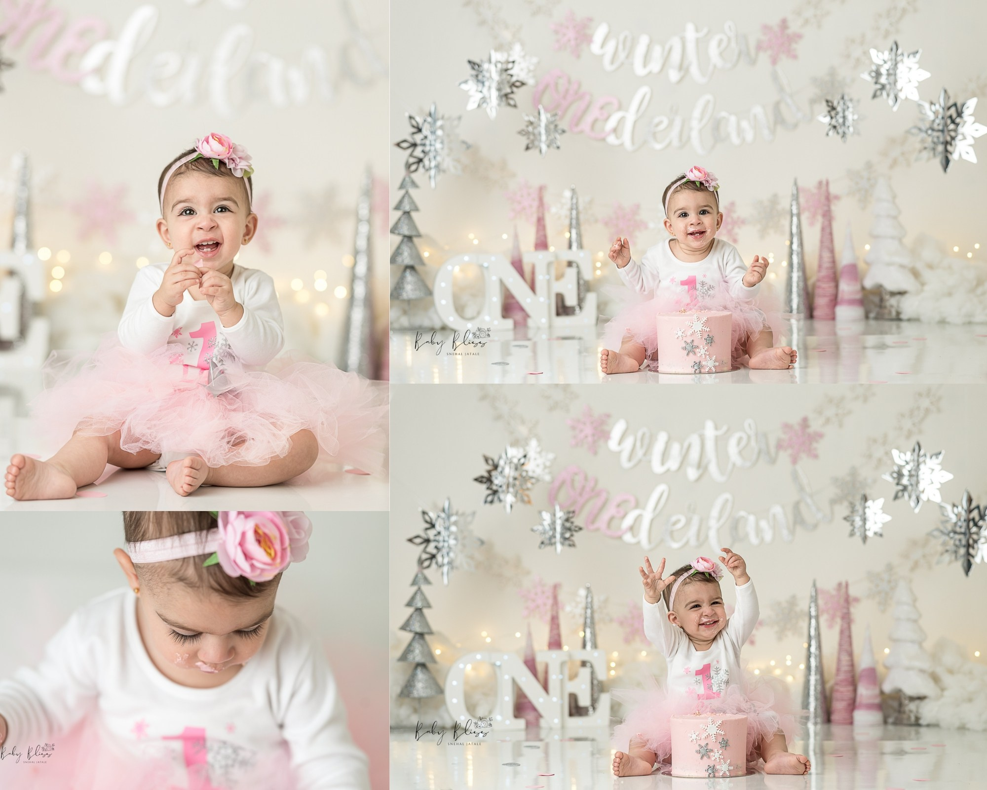 one year old little girl eating first time cake in her cake smash session, with dreamy winter pink background.