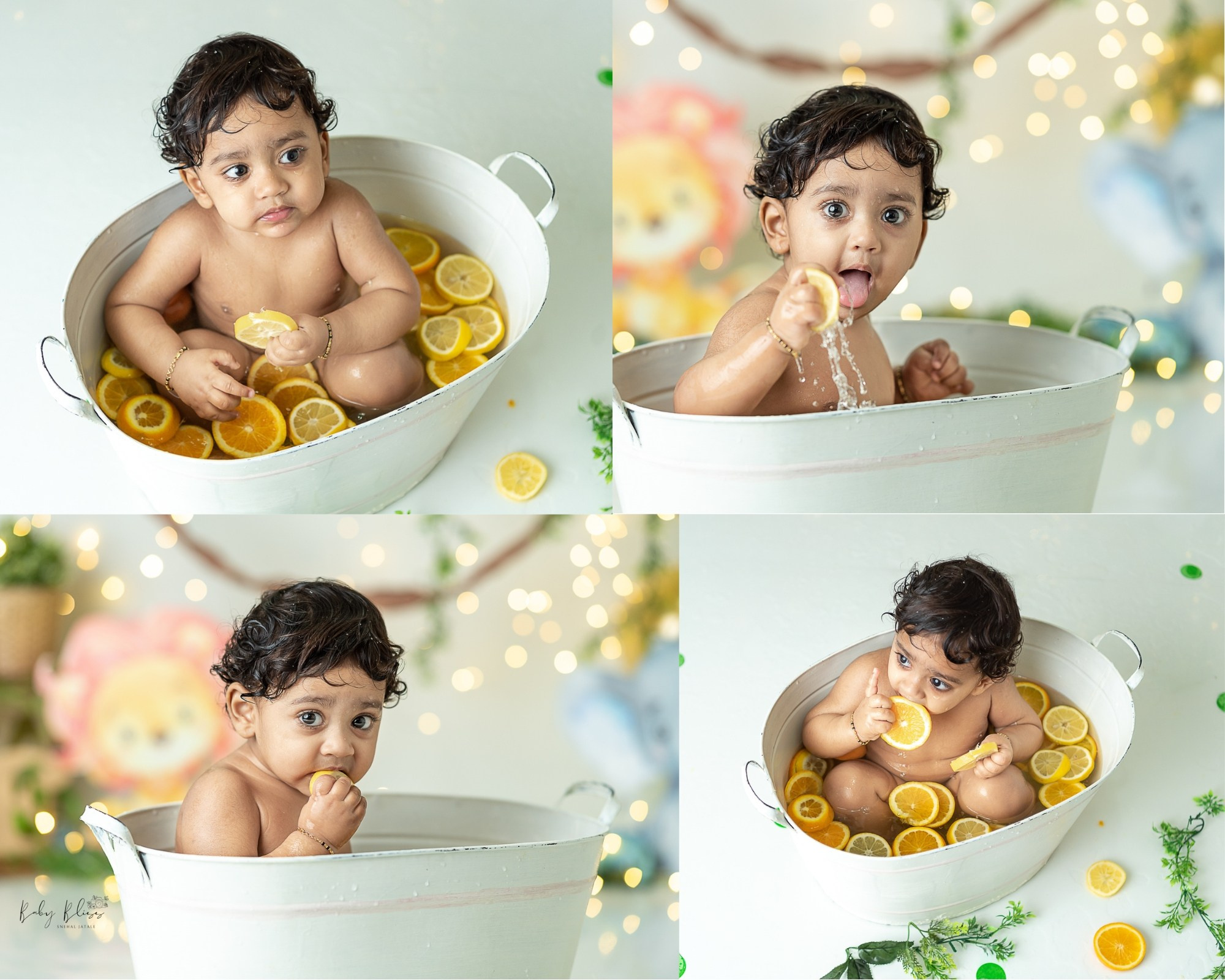 lemon bath for  one year old baby boy, lemon theme for cake smash photo session in Doha.