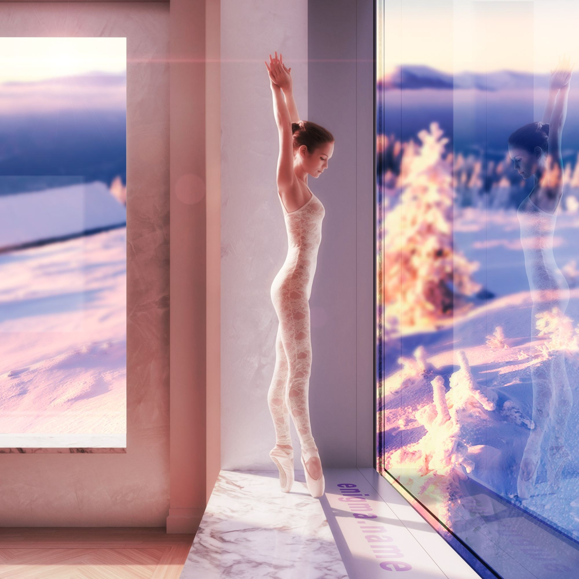 Большие панорамные окна открывают прекрасный вид на зимний пейзаж.