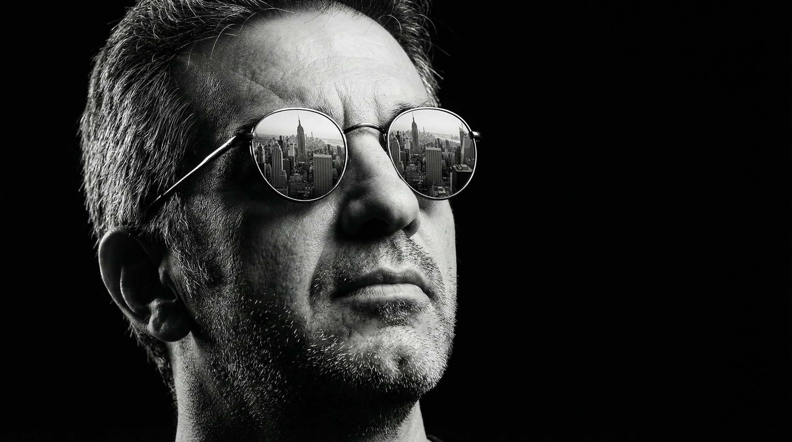 Black and white self-portrait of photographer Panagiotis Lymperopoulos wearing round, reflective sunglasses that show a city skyline reflection.