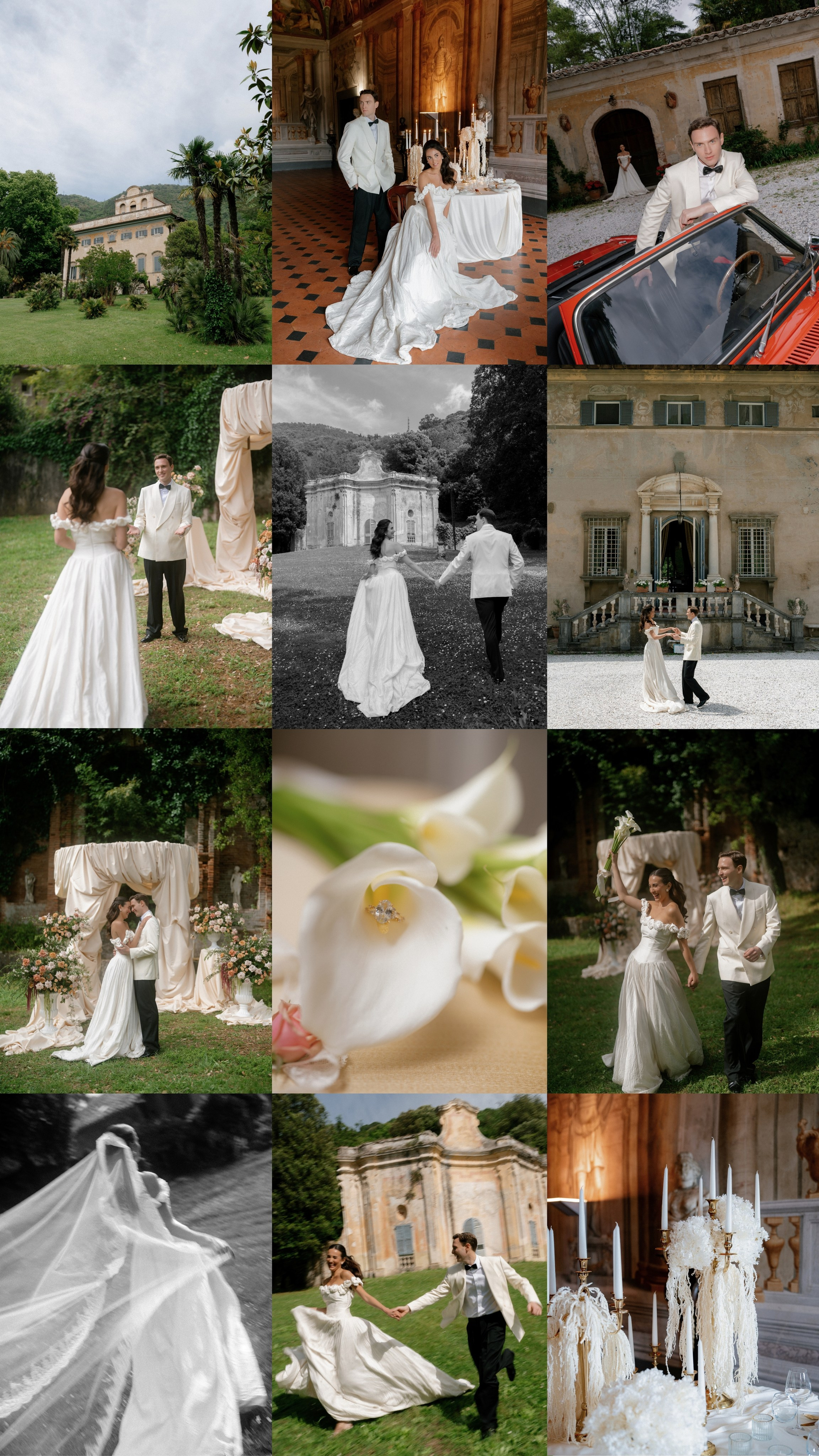 Bridal fashion portrait in a refined reception space in Tuscany, photographed in an elegant Italian wedding setting by Alex Pasarelu. Bride in a long-sleeve open-back lace wedding dress walking between reception tables in a bright glass-walled wedding venue in Tuscany, Italy.
