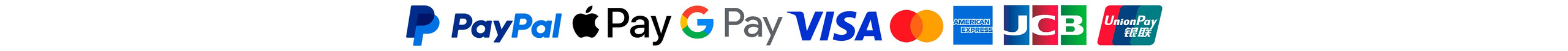 Maksesüsteemide logod PayPal, Apple Pay ja Google Pay, Visa, Mastercard, American Express, JCB ja China UnionPay. Fotograaf Roman Djuzev.