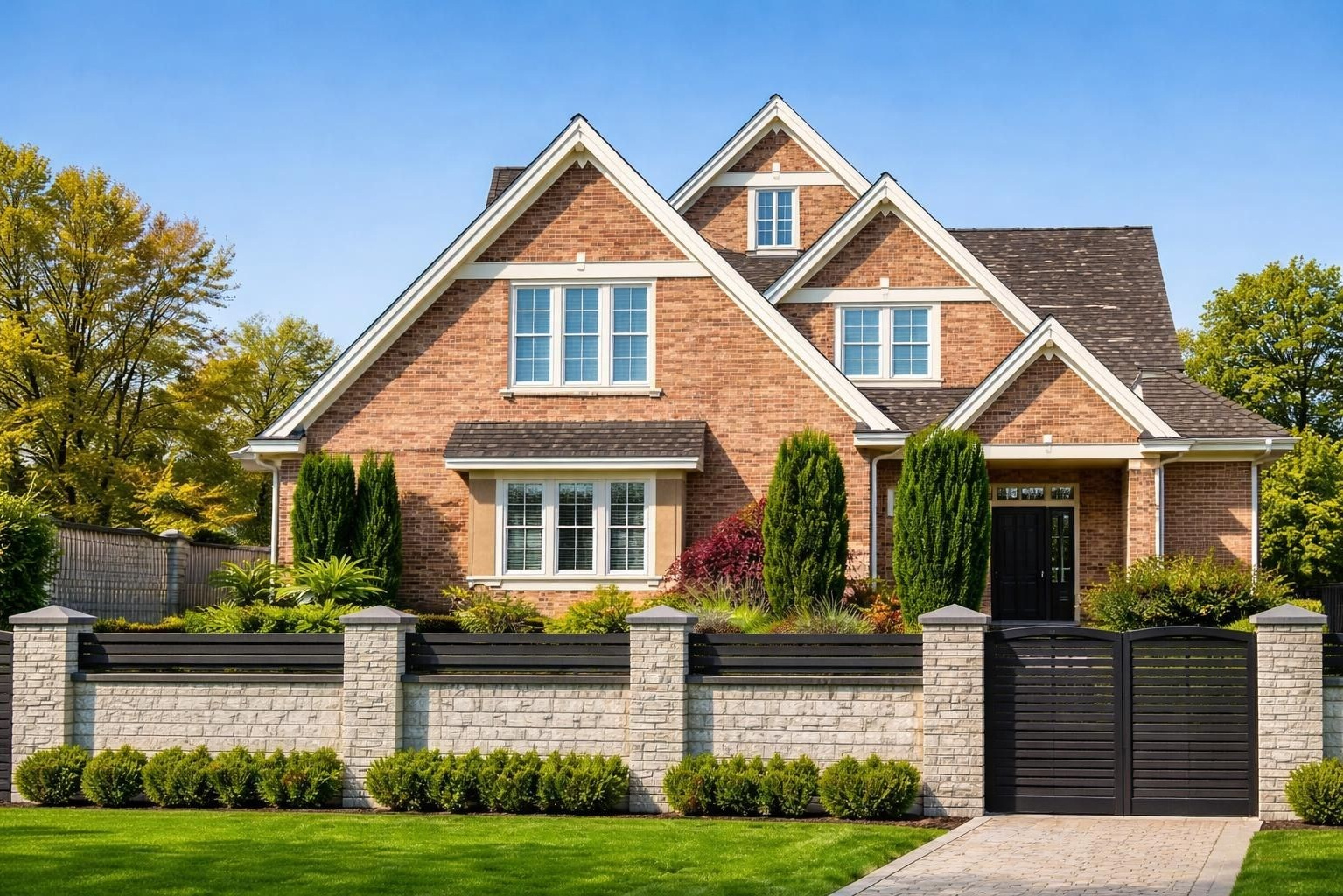 Большой двух этажный дом, с установленными пластиковыми окнами белого цвета смотрится очень гармонично.