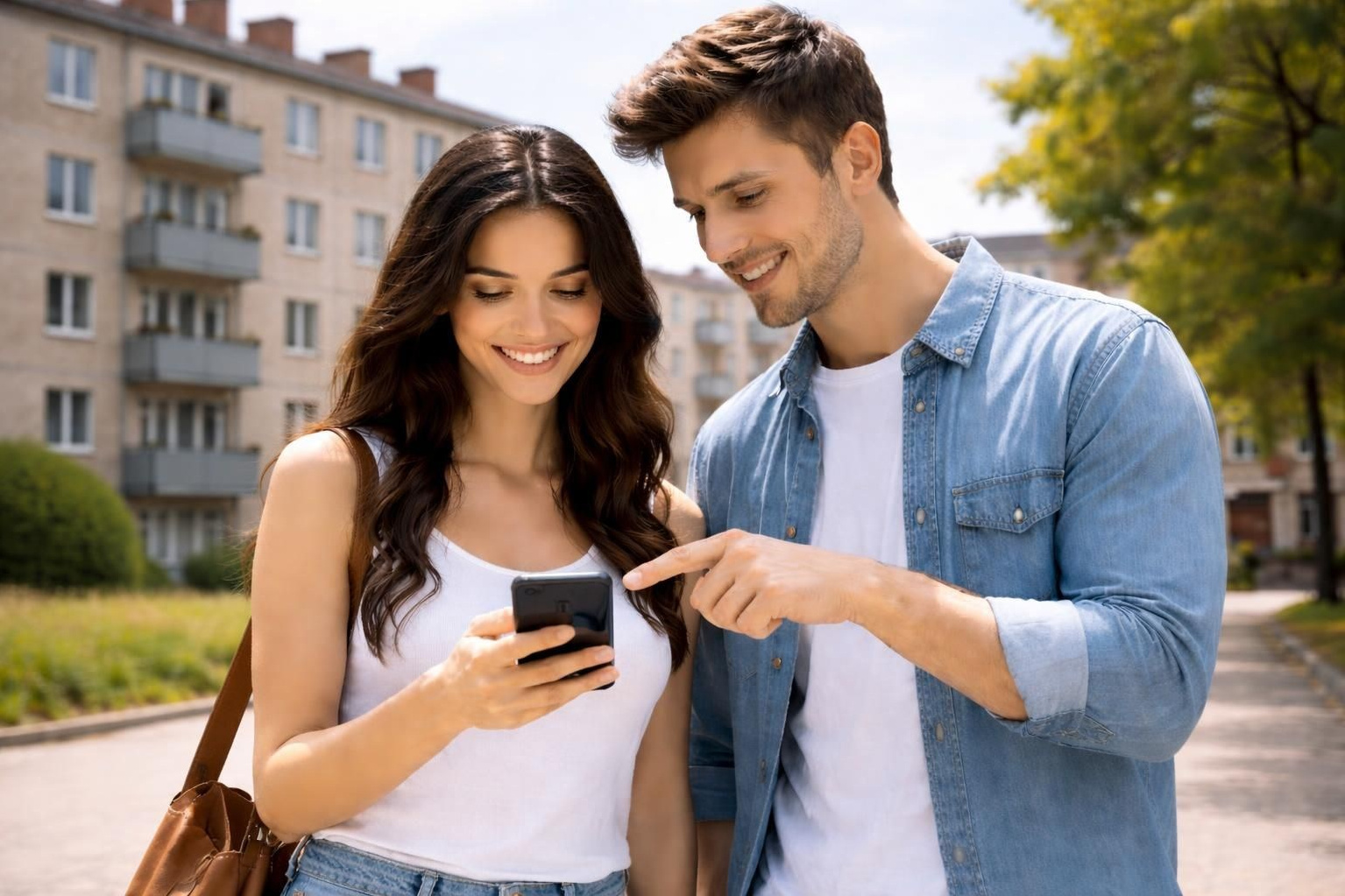 Девушка рассказывает парню о интересном предложении в фирме Enigma и одновременно демонстрирует эту информацию в смартфоне.