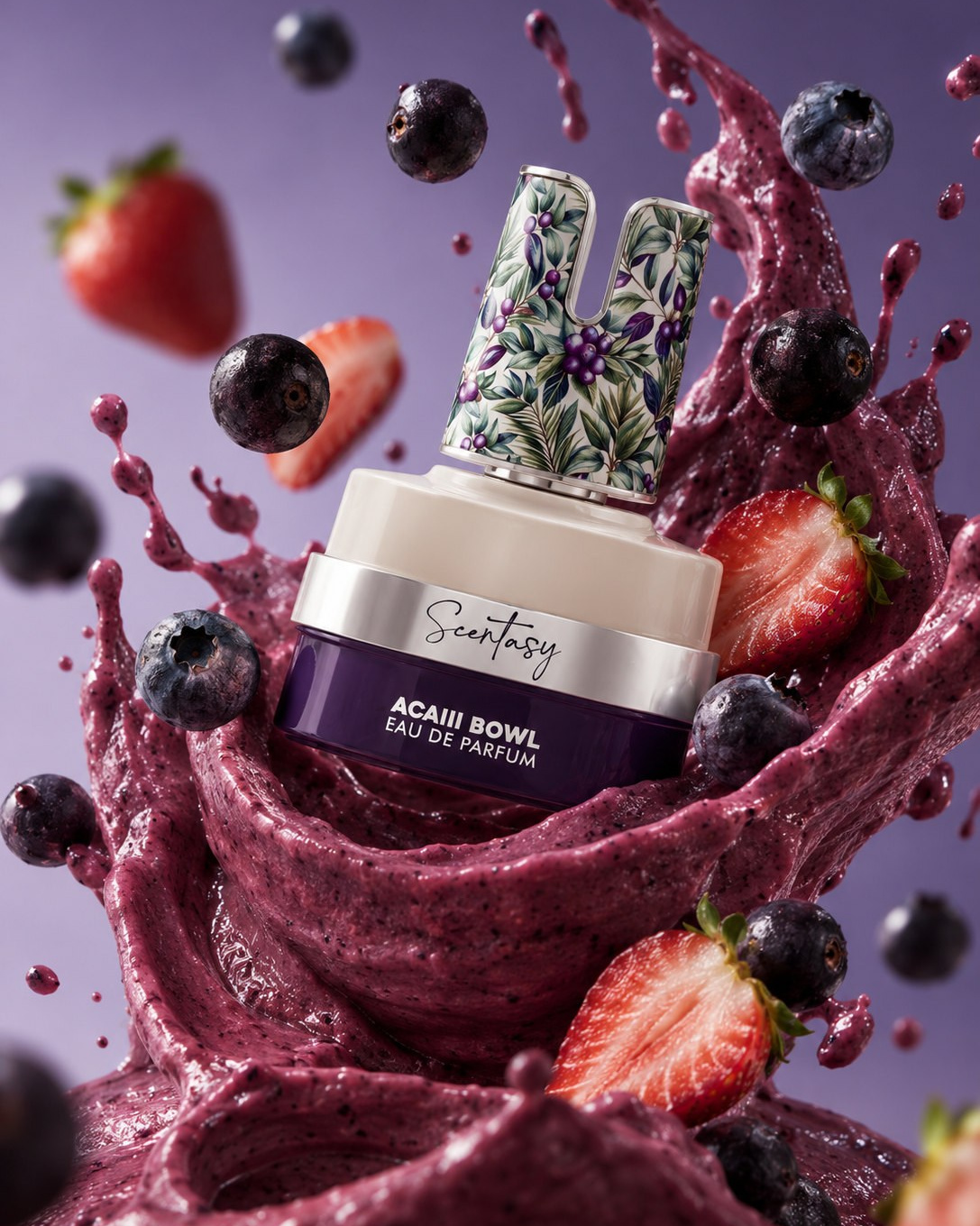 AI-created Acai Bowl perfume visual with purple berry splashes, strawberries and blueberries
