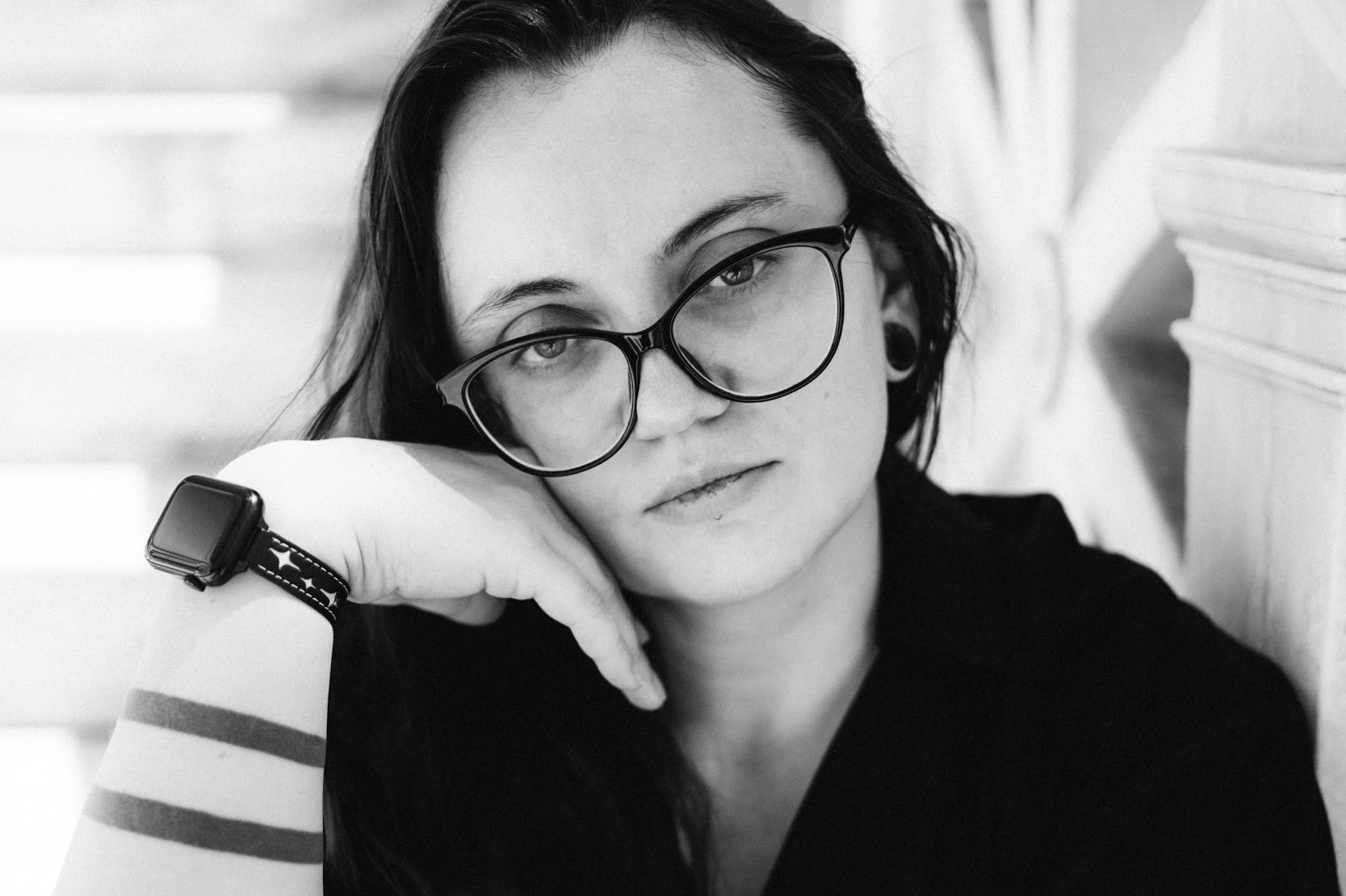 Portrait photographer Kristina Gaisina in Greece, artistic black and white self portrait