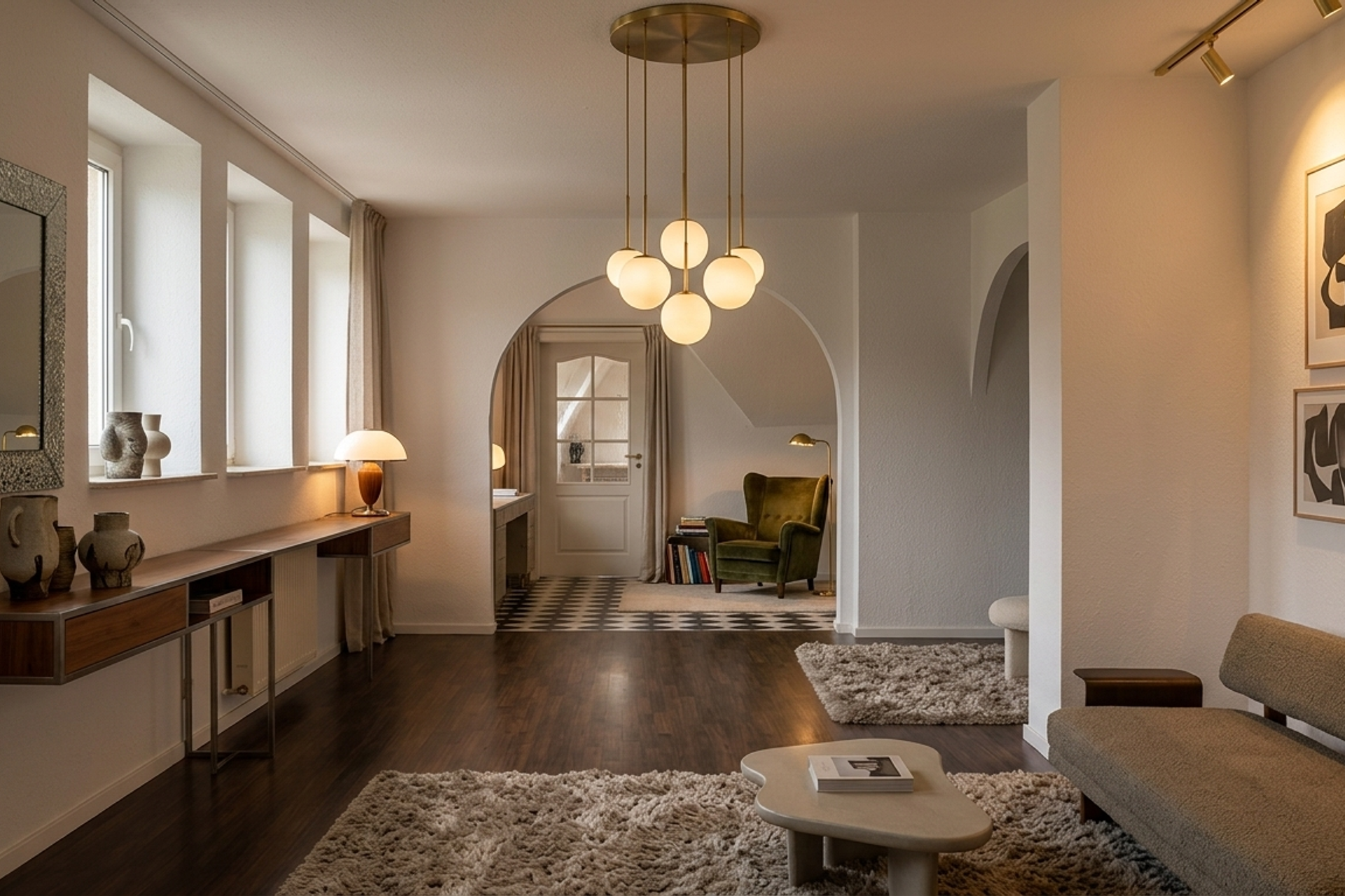 Modernes Zimmer Dachgeschoss Virtuelle Neugestaltung Rundbogen Mid-Century Style Bremen Innenaufnahme Immobilienfotografie