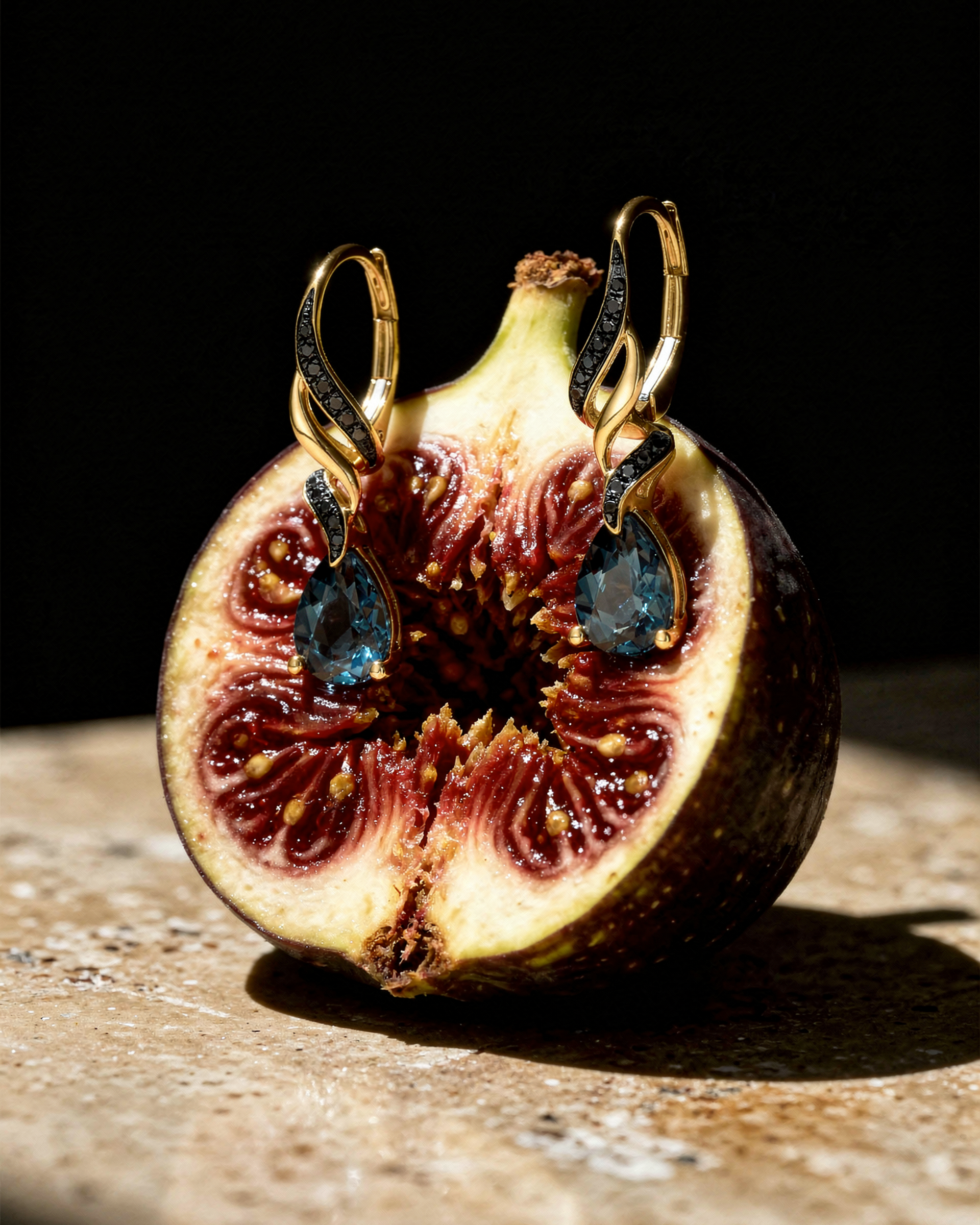 Creative concept of&nbsp;jewelry for March 8&nbsp;— a&nbsp;combination of&nbsp;delicate jewelry forms with everyday fruits and vegetables.