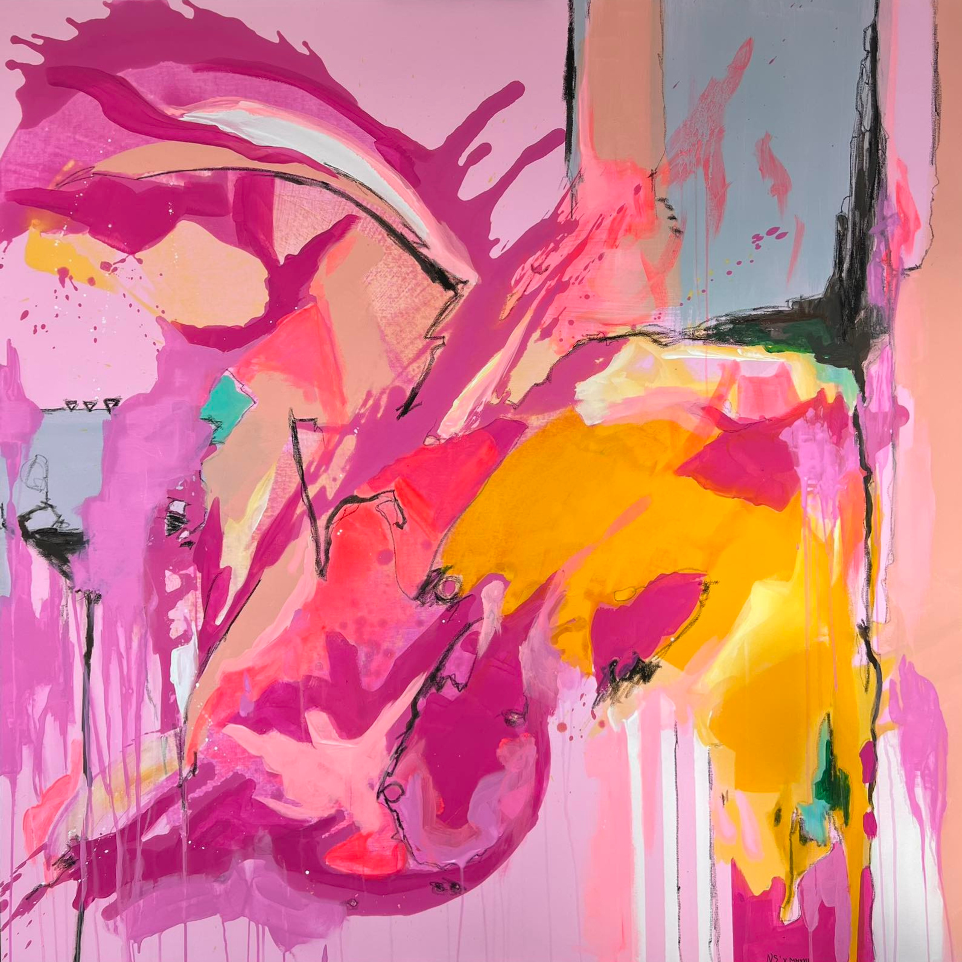 Яркая композиция розового цвета с динамикой и жёлтыми оттенками