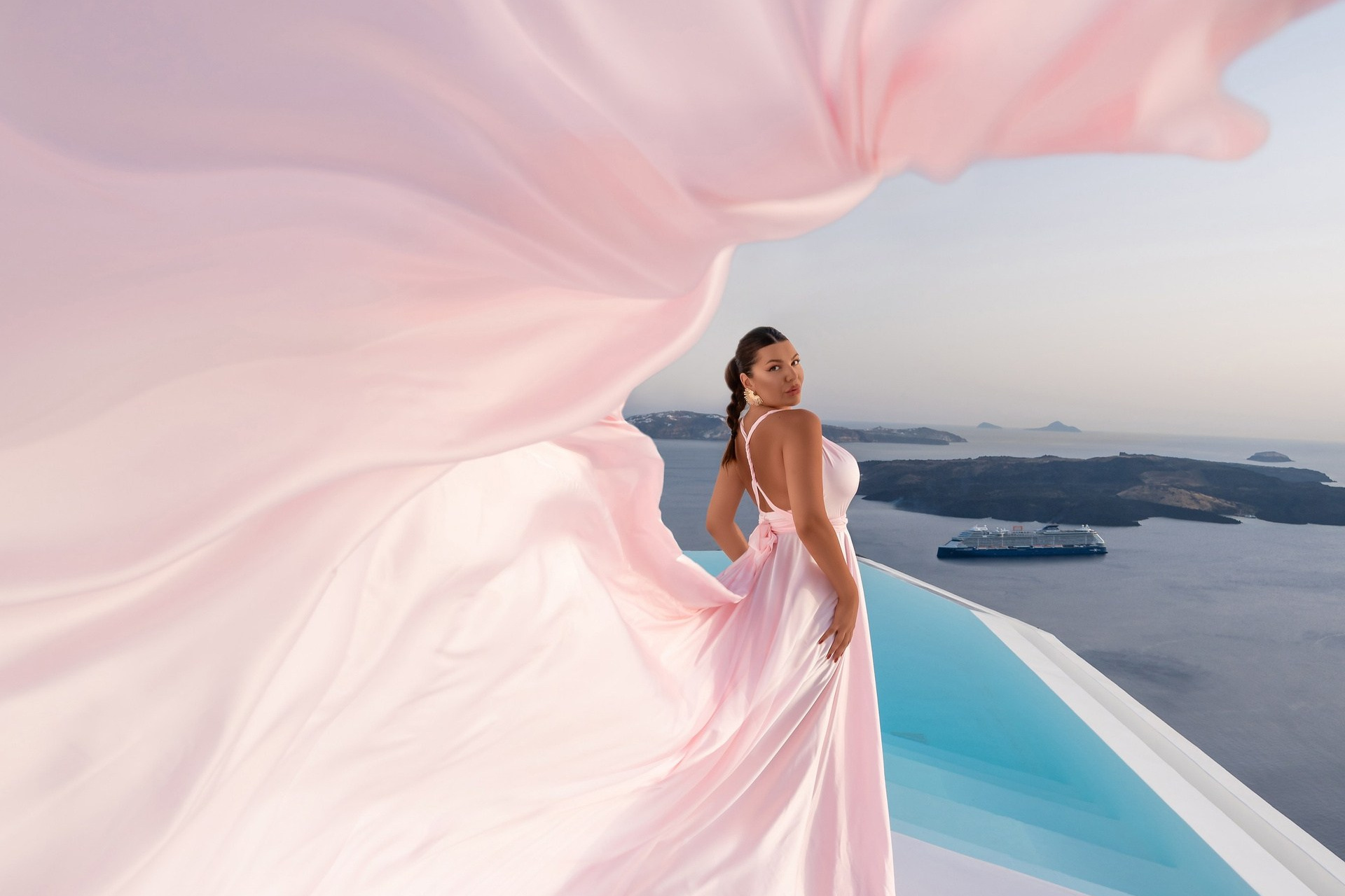 Floating in&nbsp;Santorini Wearing the Dreamiest Pink Flying Dress 🩷
