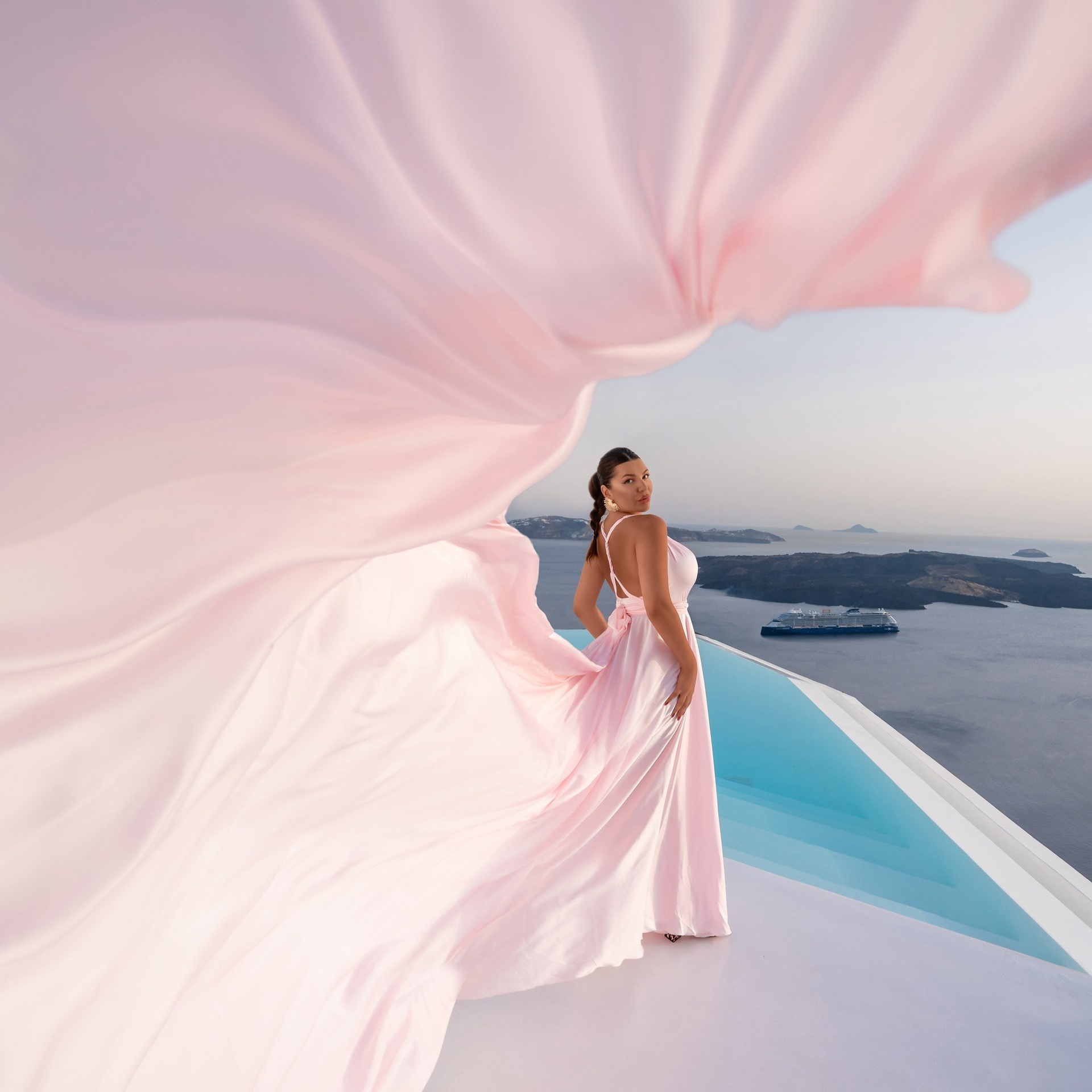 Floating in&nbsp;Santorini Wearing the Dreamiest Pink Flying Dress 🩷