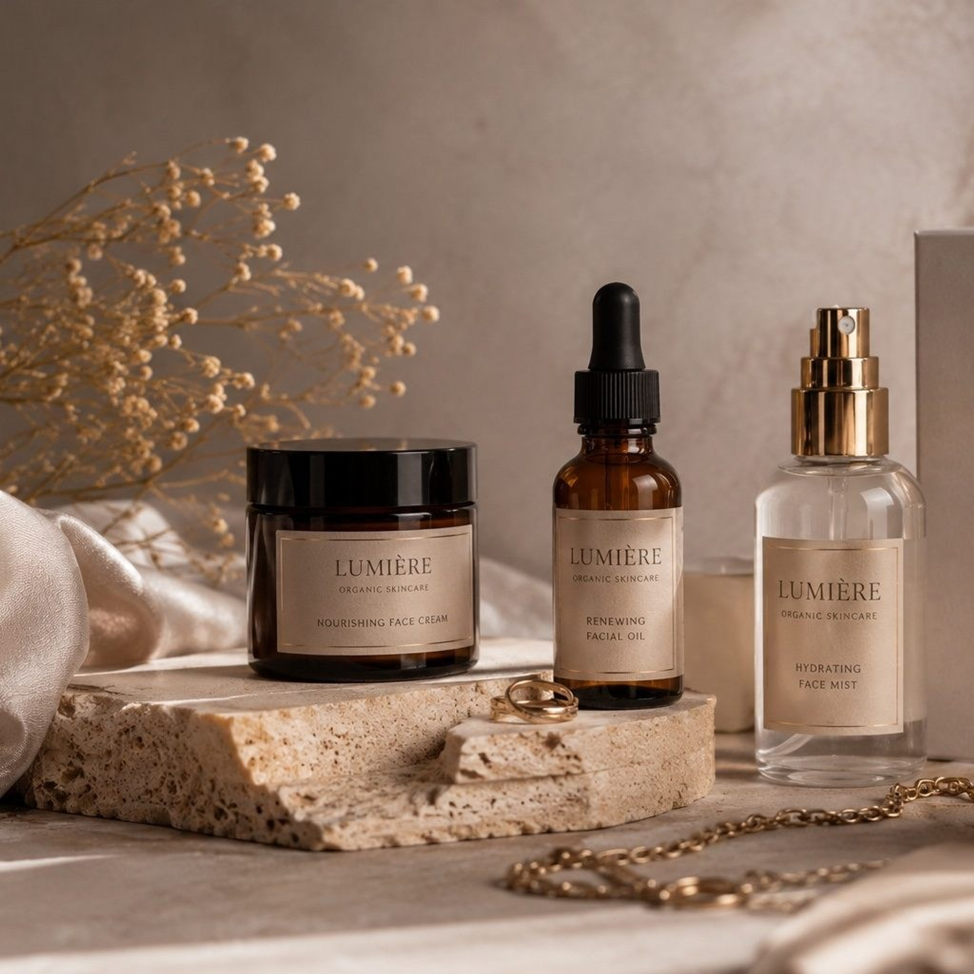 Професионална продуктова фотография на skincare козметика в бежови тонове