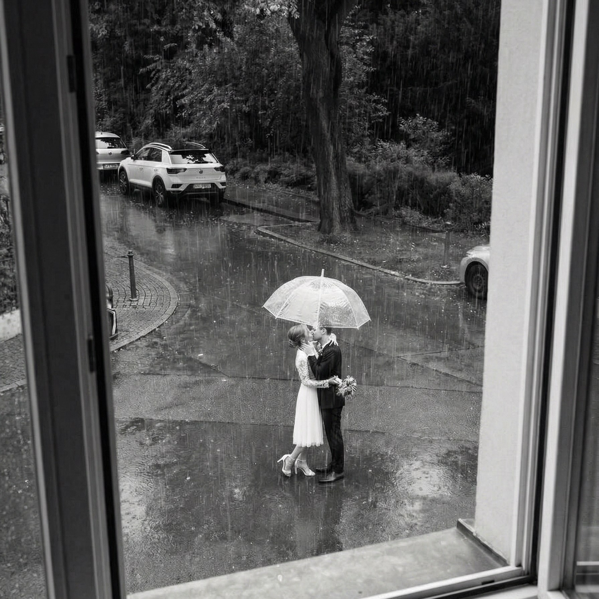 Brautpaar unter transparentem Regenschirm in Düsseldorf