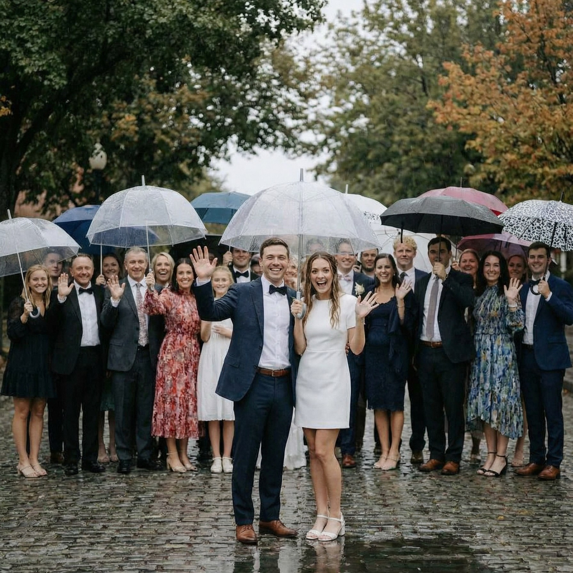 Brautpaar unter transparentem Regenschirm in Düsseldorf