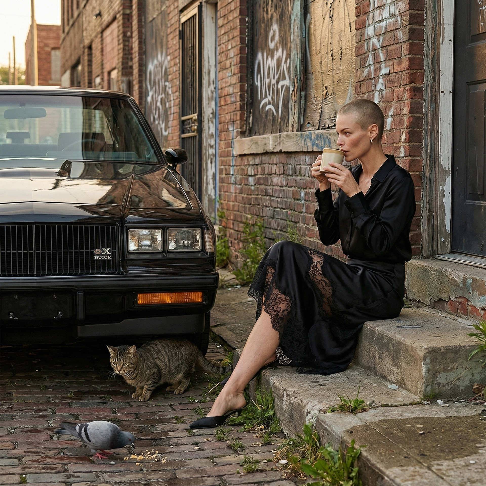 Black Dress in the City.Elegance Against the Raw City