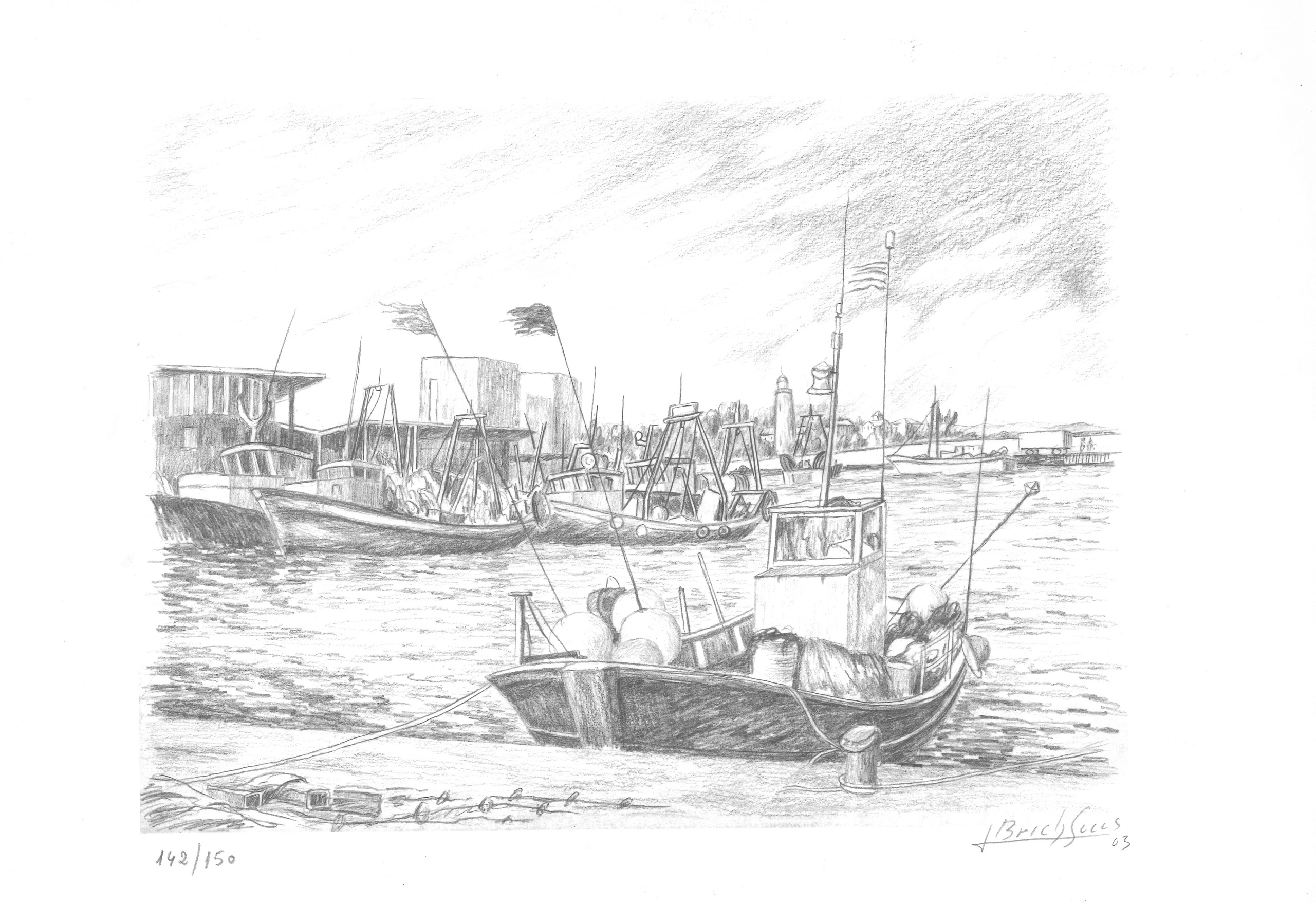 Jaume Brichfeus author's lithograph from a pencil drawing of boats near the city beach forest