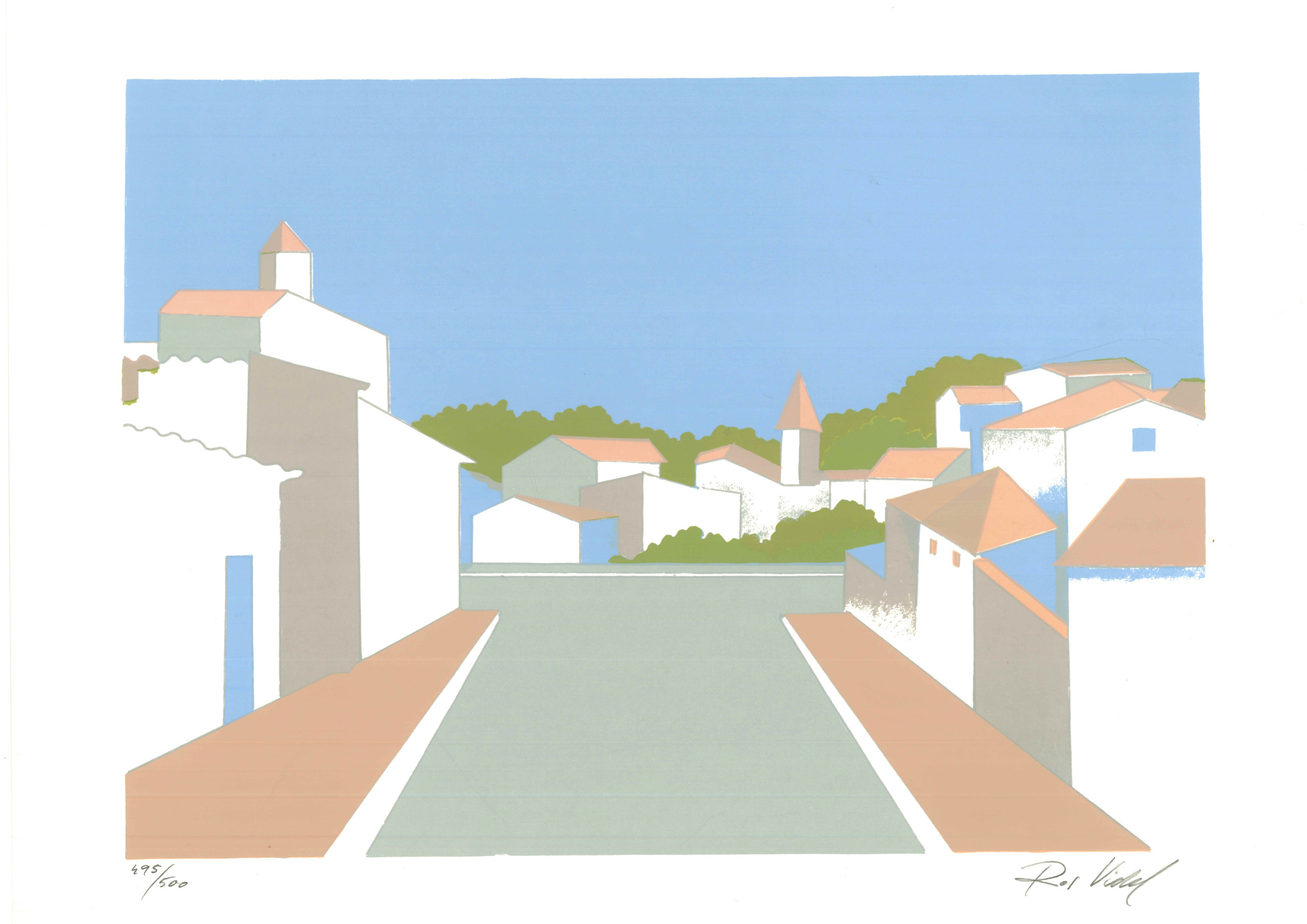 Ros Vidal gray asphalt road surface and blue tones lithograph