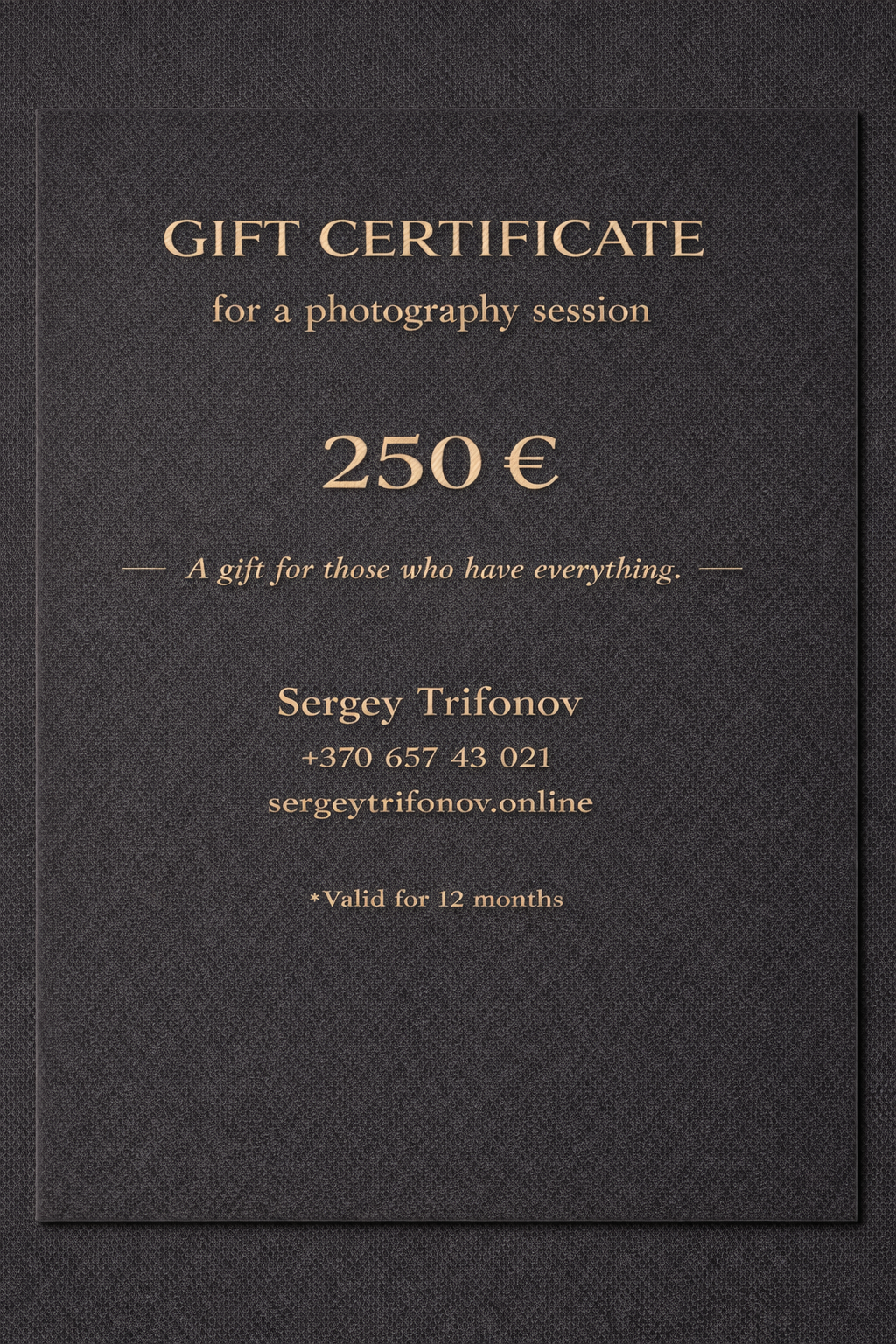 Подарочный сертификат на фотосессию 250 € в Вильнюсе с конвертом