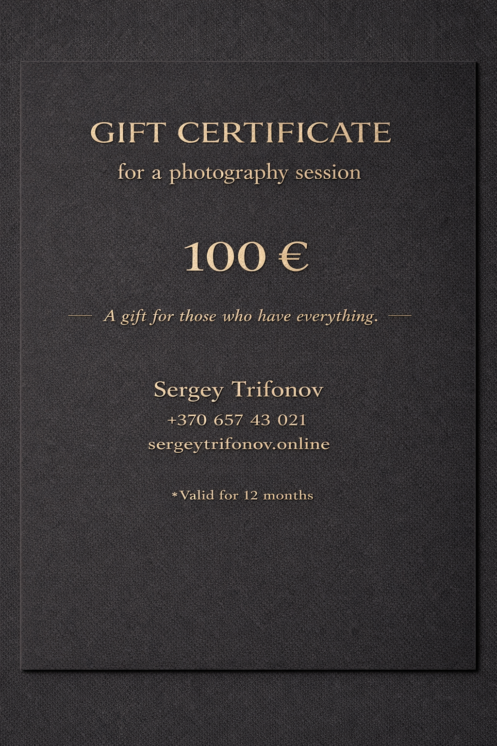 Подарочный сертификат на фотосессию 100 € в Вильнюсе с конвертом