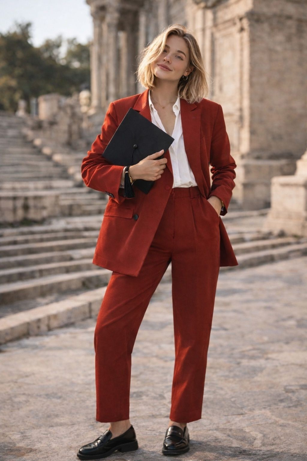 Graduation photoshoot in Plovdiv old town, blonde woman in red suit holding graduation cap