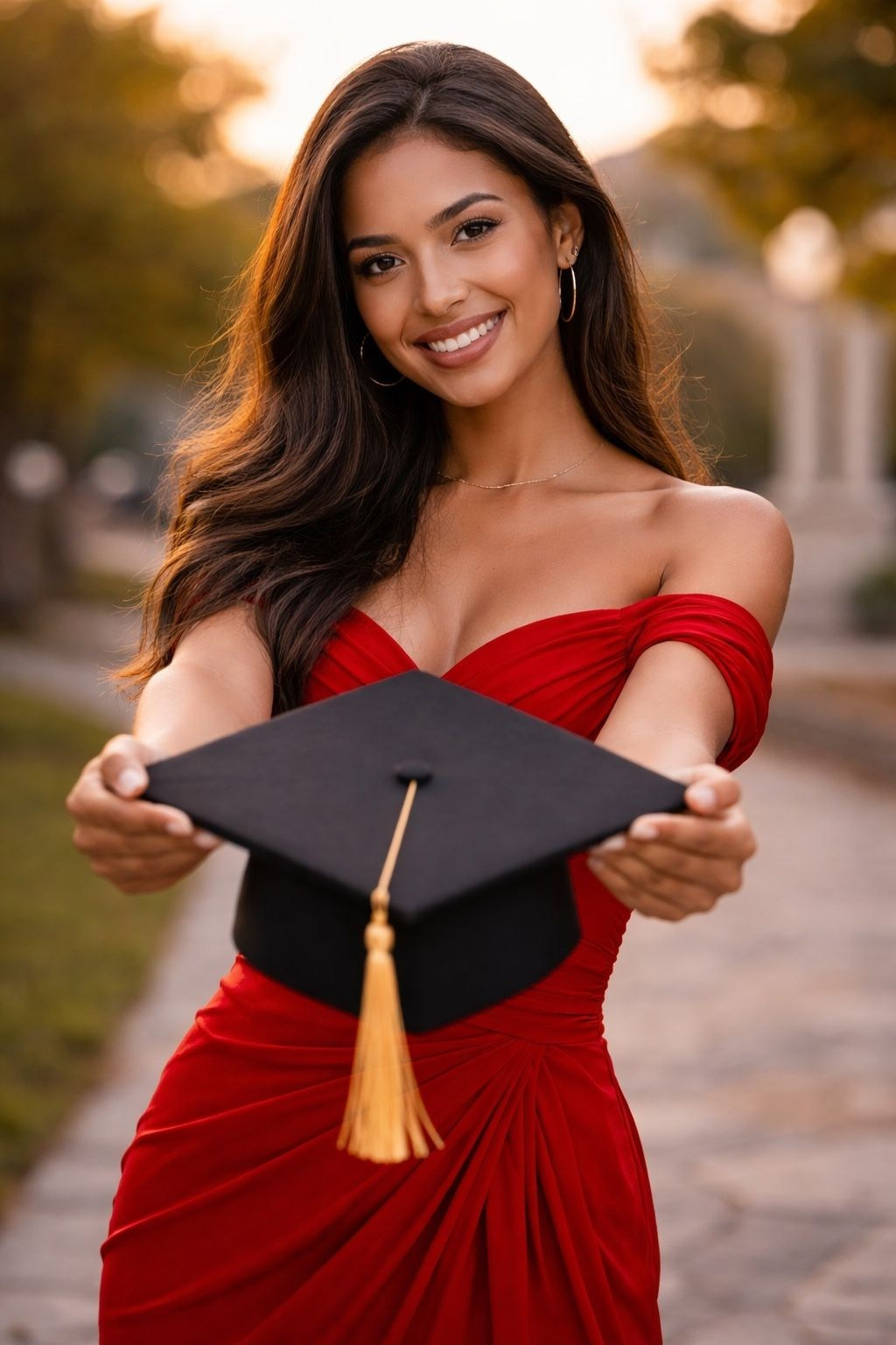 International student graduation photoshoot in Bulgaria, woman in red dress holding graduation cap