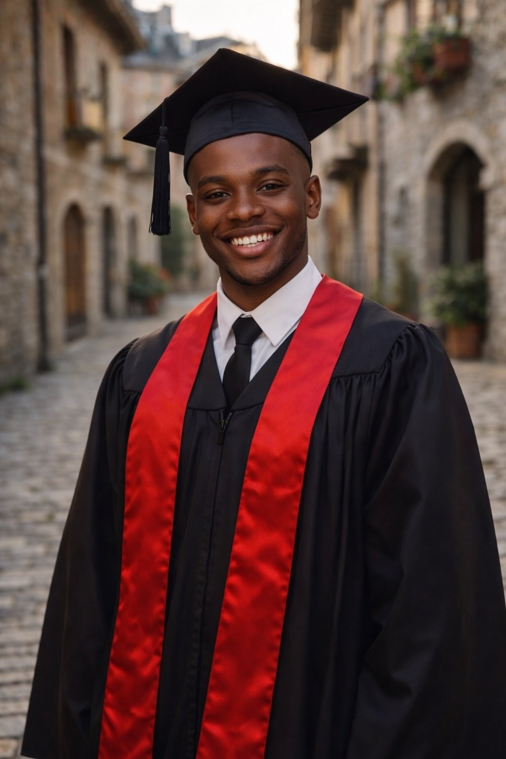 Male graduate portrait in academic cap in Plovdiv old town, international student photoshoot