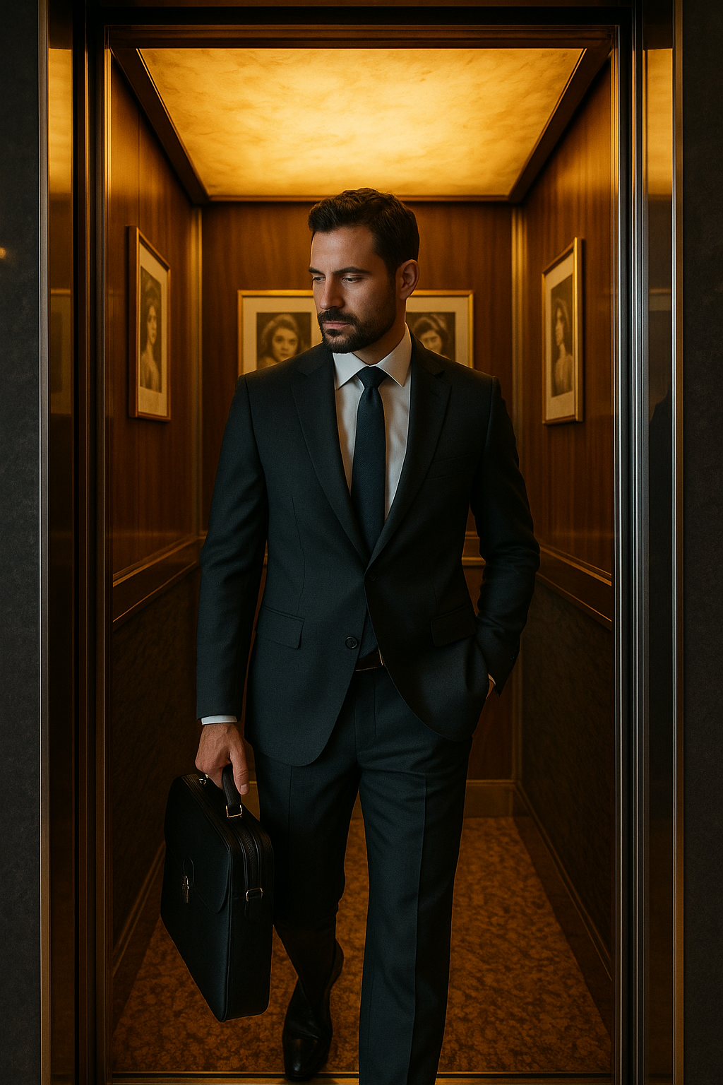 Деловой человек выходит из лифта с кейсом в отеле