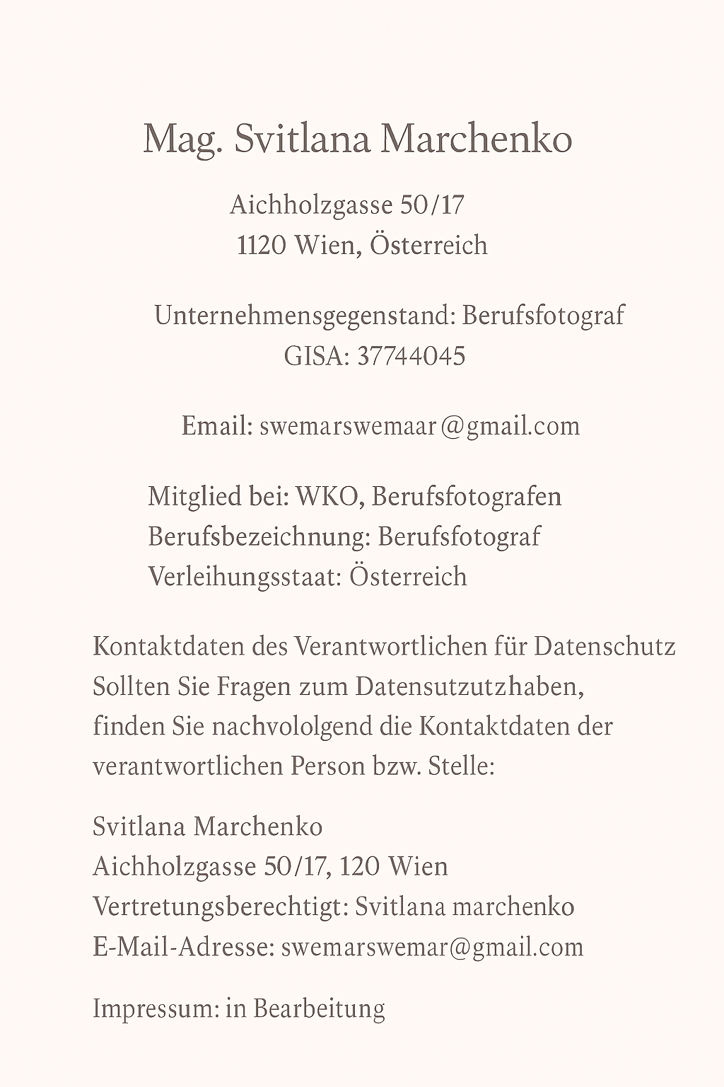 Impressum. Family photography in Europe. Vienna, Bratislava, London, Dublin, Copenhagen, Amsterdam, Barcelona