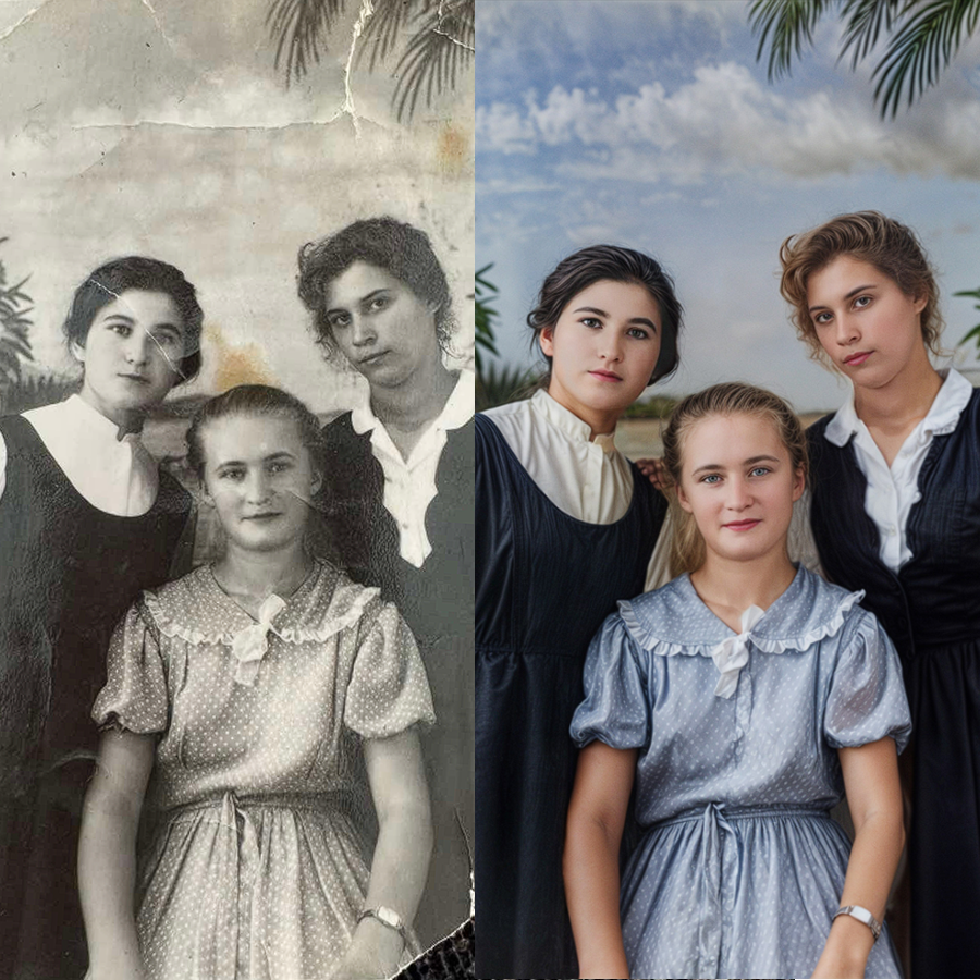 Photo retouching and restoration of old photographs. Enhancing quality and recovering lost details