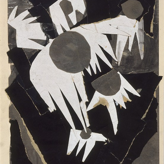 Коллаж из абстрактных геометрических форм, построенный из вырезанных плоскостей и контрастных фигур; учебное упражнение, демонстрирующее работу с формой без образного сюжета в логике подготовительных курсов авангарда и раннего Баухауса.