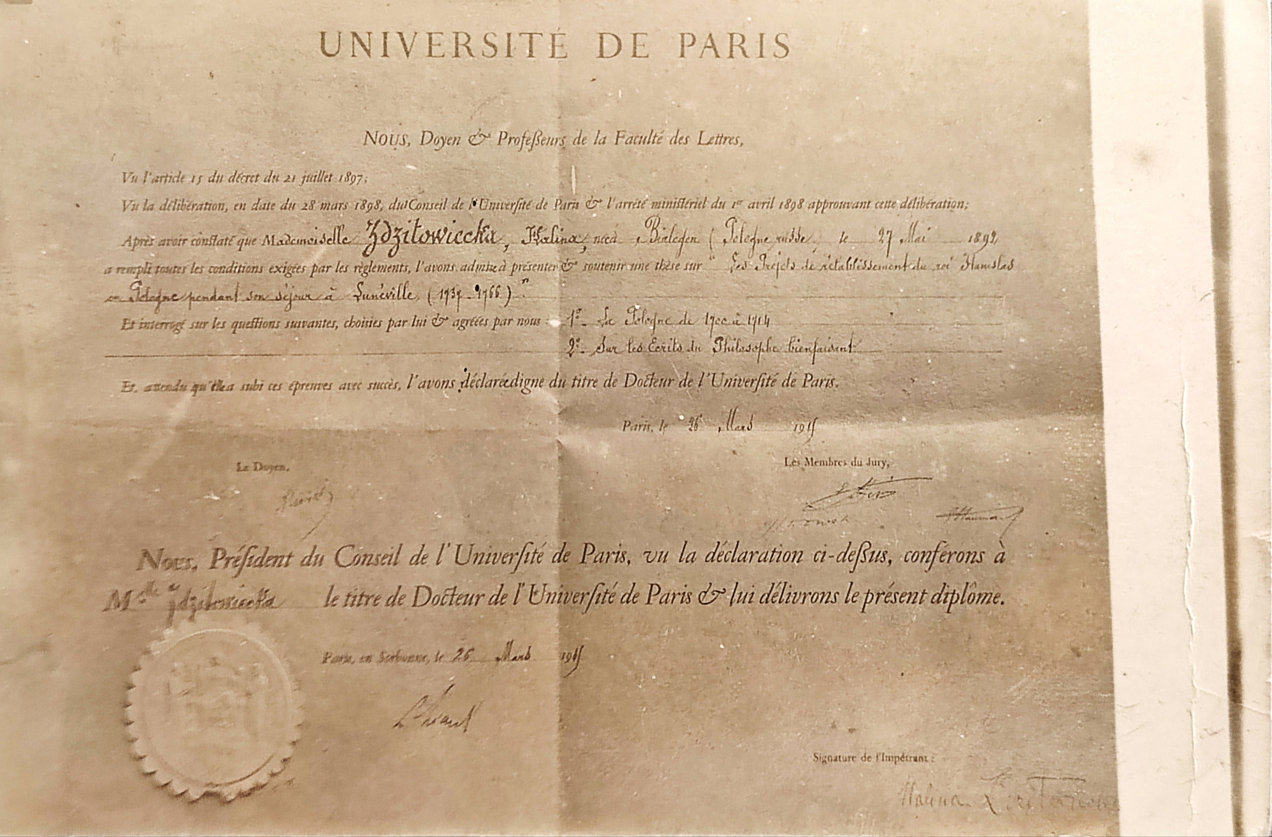 Postkarte Dokument Sorbonne 1919 Halina Zdzitowiecka Dissertation Stanisław Leszczyński